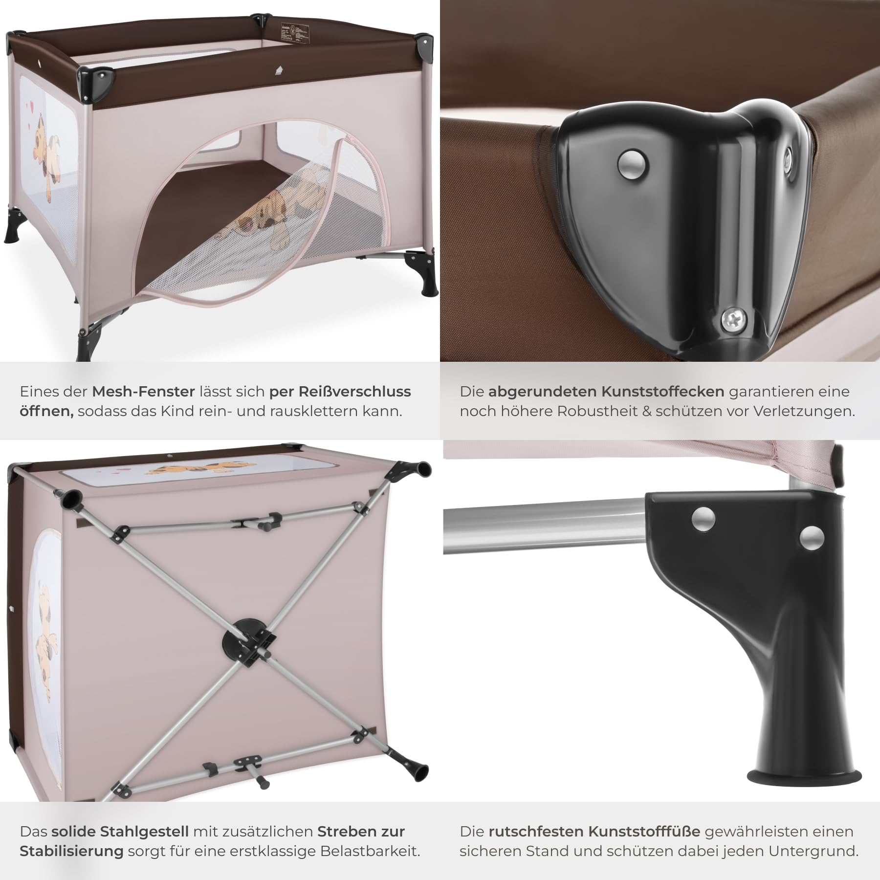 tectake® Laufstall Baby faltbar, Reisebett Kinder, Babybett und Laufgitter Baby in einem, Gitterbett und Playpen, Faltbarer Laufstall mit Matratze, Reisegitterbett - Braun Coffee