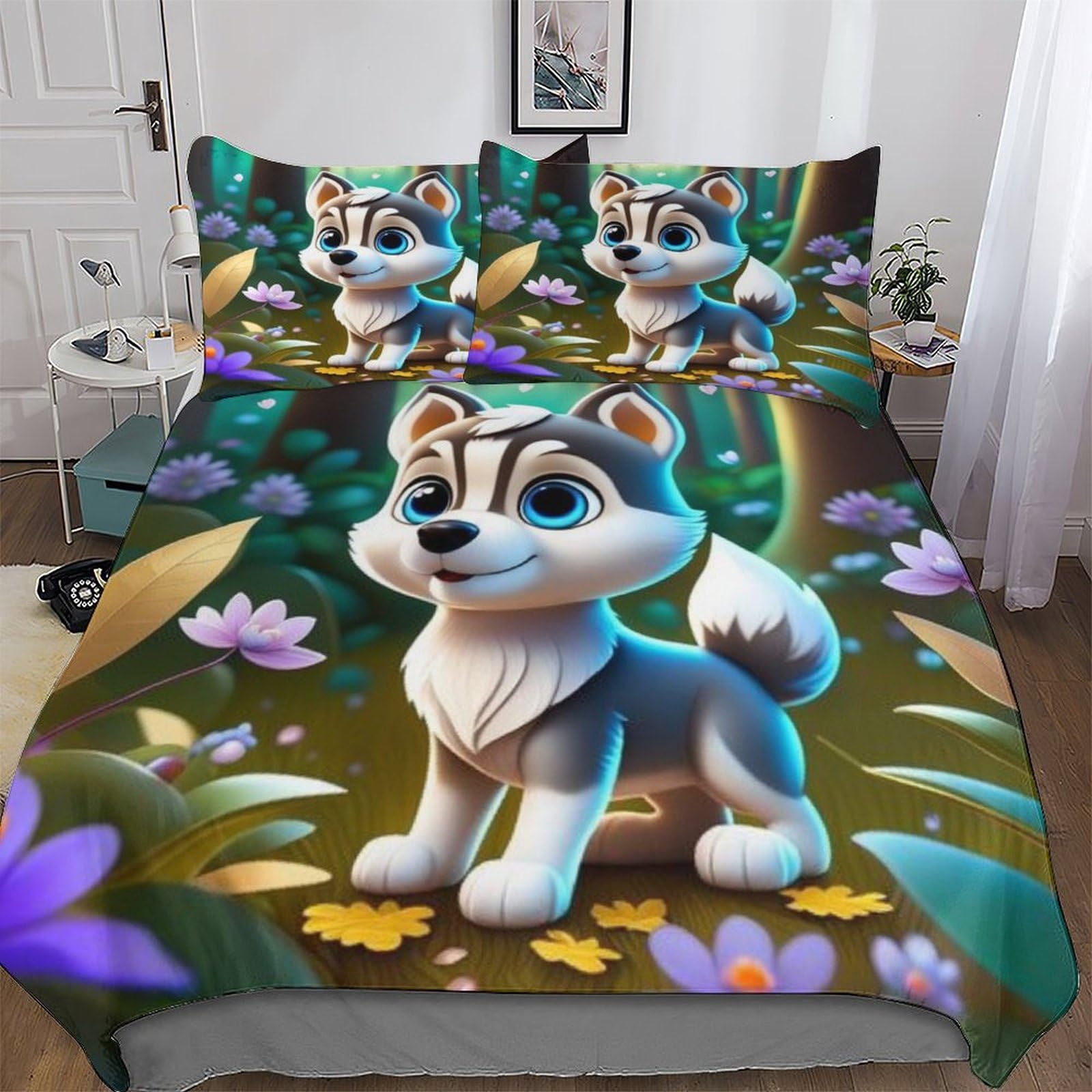 Chien parure de lit 3 pièces avec housse de couette 3D et taies d'oreiller microfibre 200x200cm