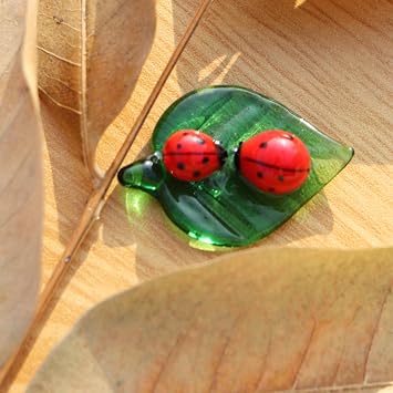 Mini Crystal Green Leaf Glass Ladybug:Decor Insect Statue Decor Room Ornament Hand-Blown Glass Collectible Figurines