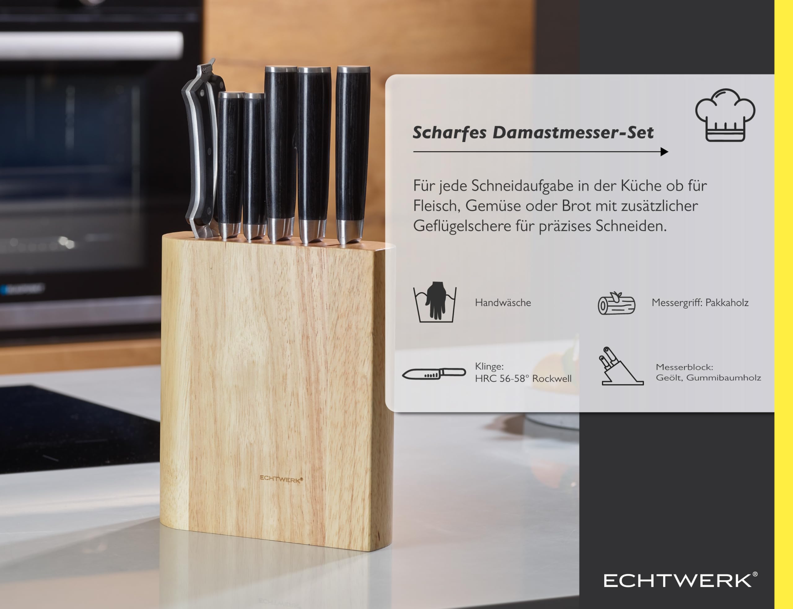 Echtwerk EW-MB-0385 juego de cuchillos Damasco, juego de cuchillos de 7 piezas que incluye tijeras para aves, cuchillos extremadamente afilados con grano típico