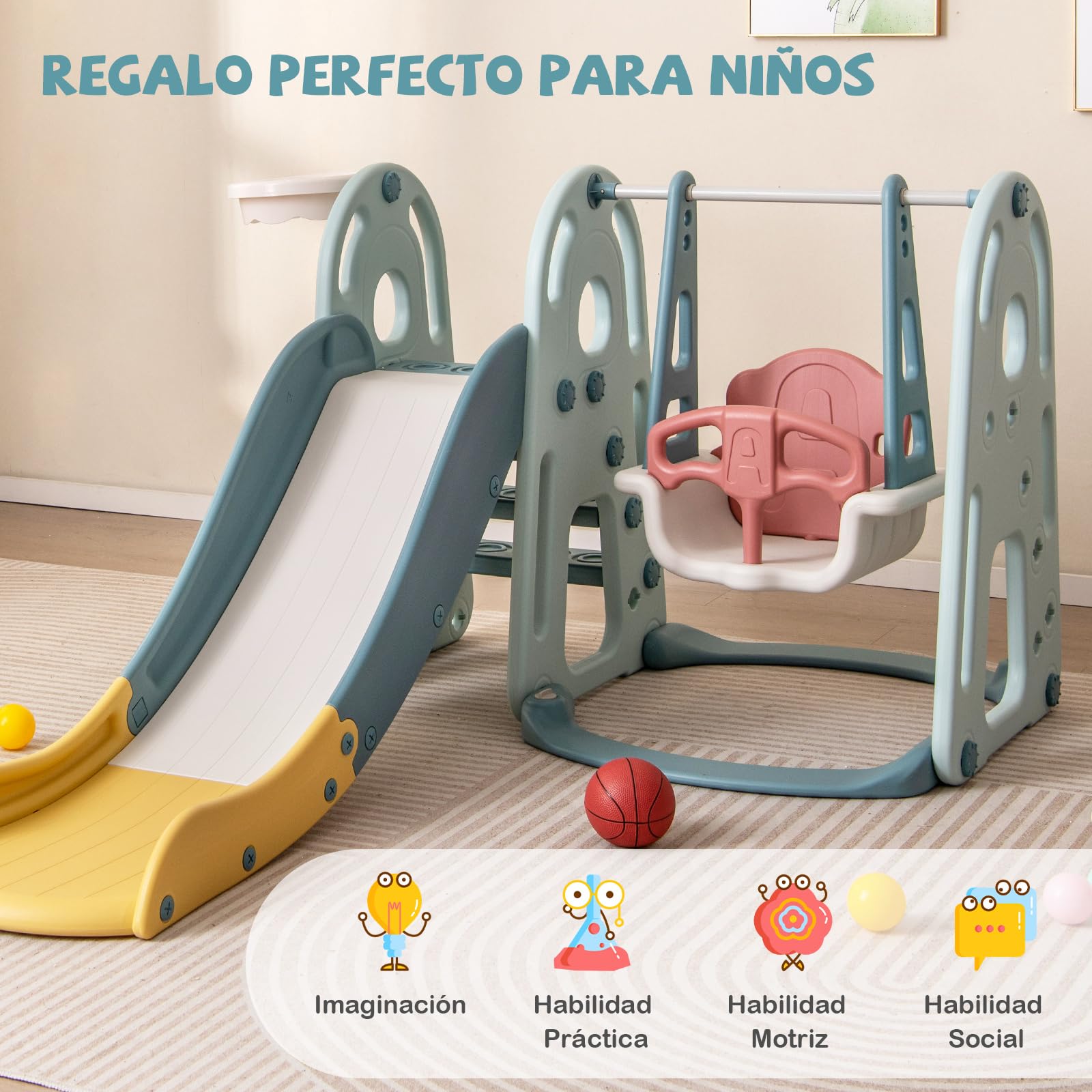 COSTWAY Toboganes Infantiles con Columpio 4 en 1, Tobogán y Columpio para Niños con Aro de Baloncesto y Escalador, Parque Infantil Interior para Niños de 18+ Meses