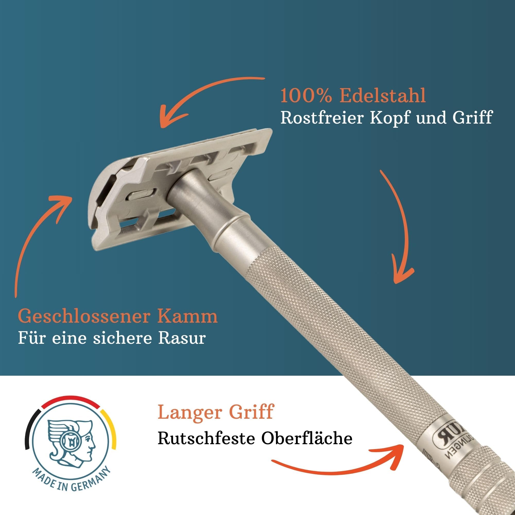 MERKUR Edelstahl Rasierhobel 23 INOX | Seidenmatt | Dreiteiliger Premium Rasierer mit geradem Schnitt | Geschlossener Kamm | Ideal für Nassrasur | Made in Germany