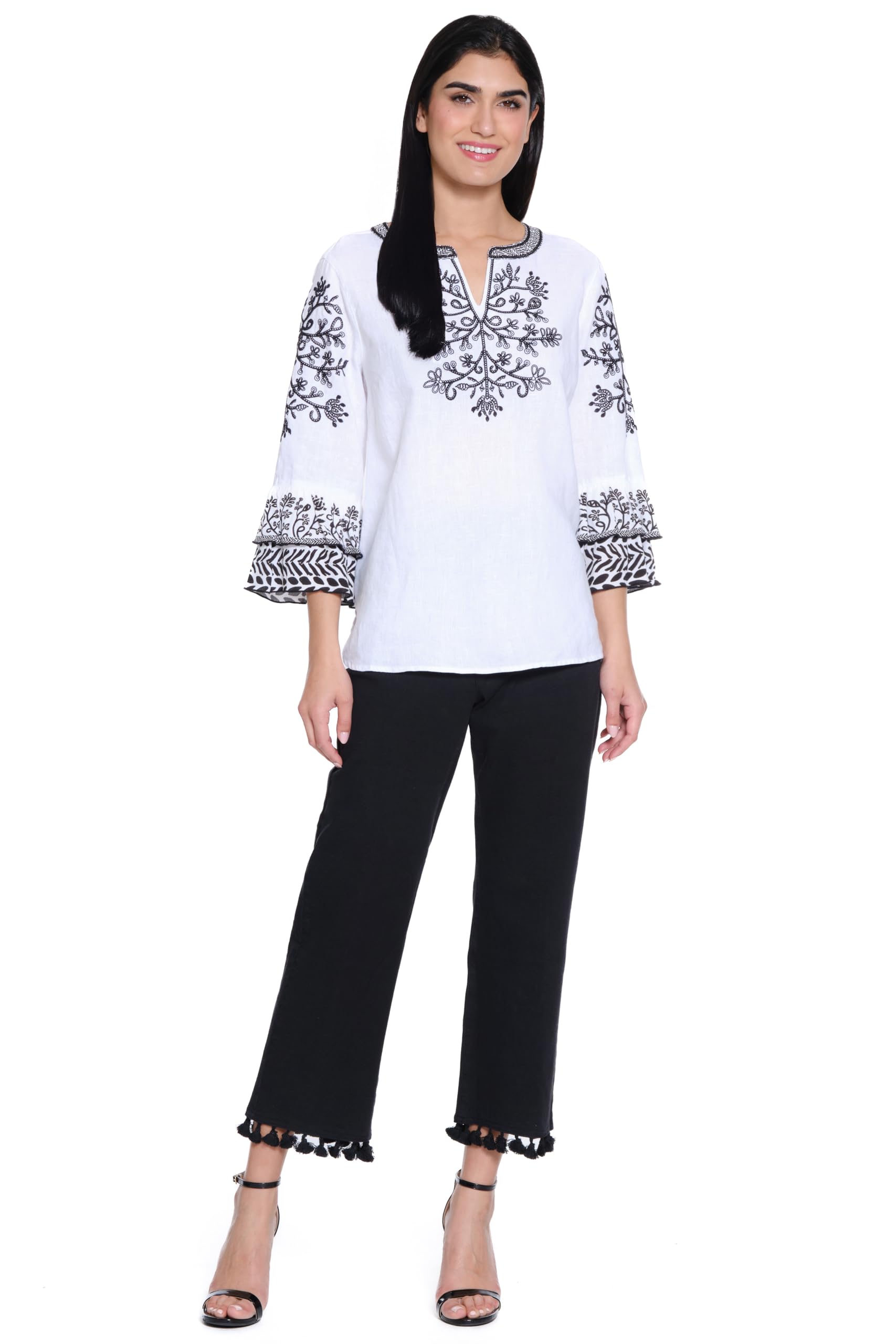 John Mark Womens Five-Pocket Pant with Tassel Trim Hem