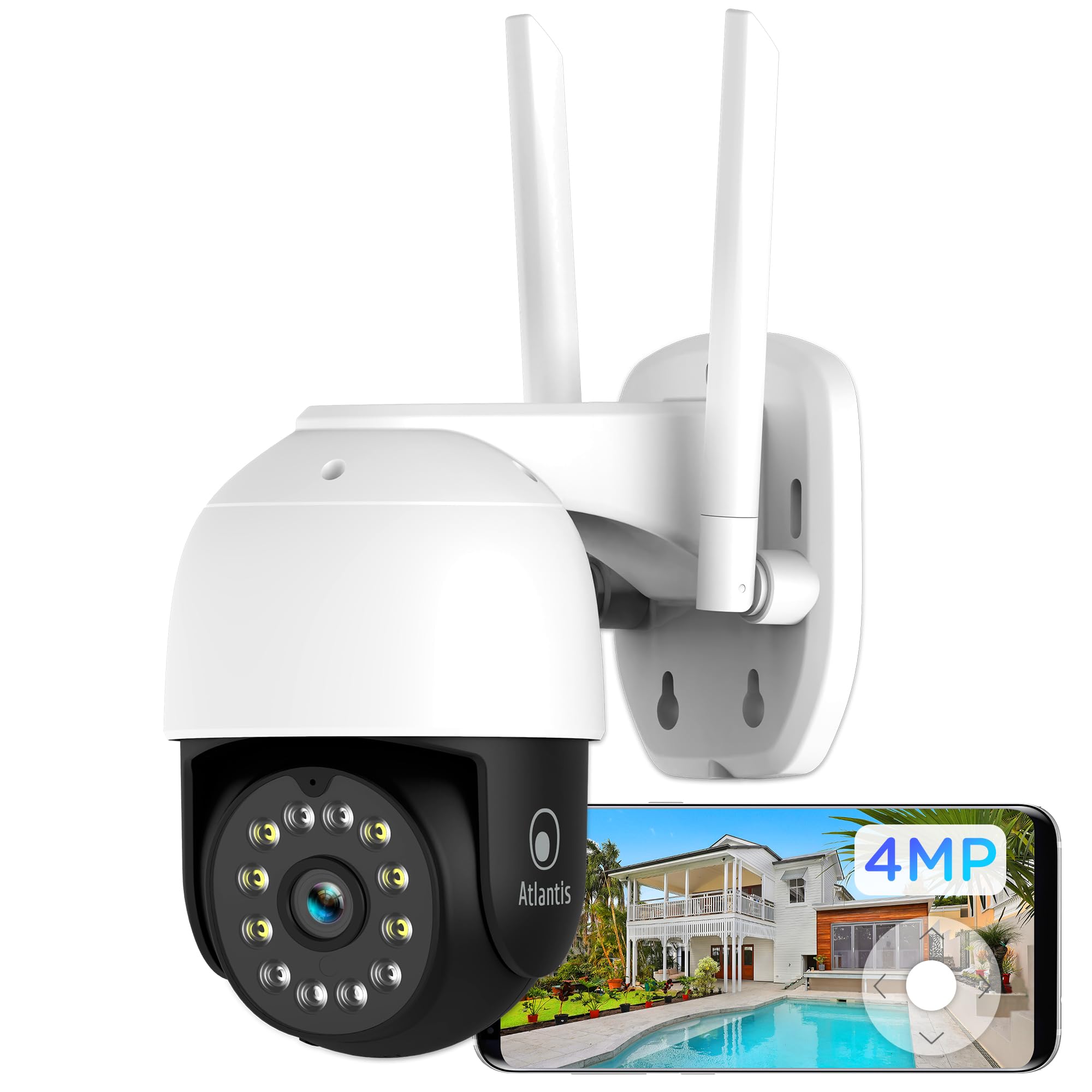 ATLANTIS Zewnętrzna bezprzewodowa kamera Wi-Fi 2K, 4 Mpiksele Full HD i sup: 2560 x 1440 lub 1920 x 1080 przy 25 fps, motoryzacja, IP64, 6 IR i 6 białych diod LED w odległości 12 m, mikrofon, darmowa
