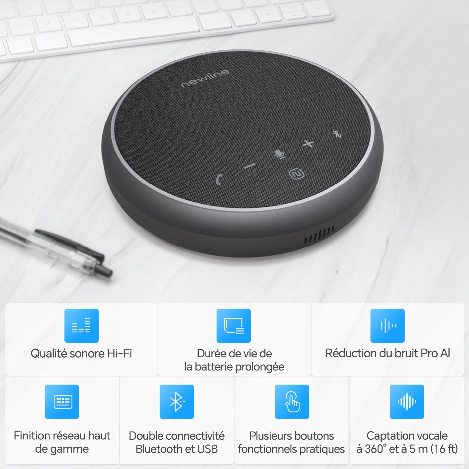 Microphone USB Bluetooth Haut-Parleur Conférence Réduction Bruit 360° 43h Veille Compatible Zoom Teams Skype Home Office