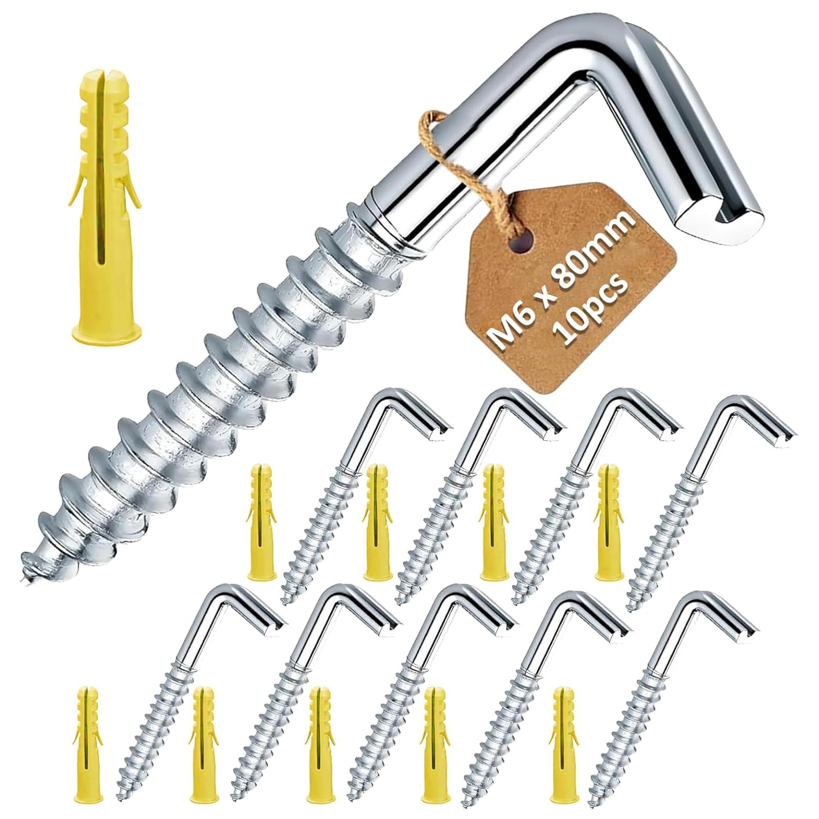 Screw Hooks with Wall Plugs, Heavy Duty L Hook Screws, Galvanised Steel 90° Right Angle Hook Screws for Hanging, Masonry, Timber & Brick Wall Fixings, Square Bend Screw Hooks, Max Load 25kg, 10PCS