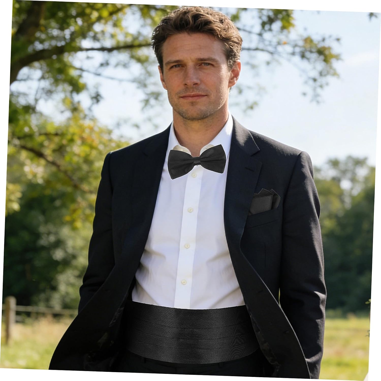 Men's Classic Bow Tie Cummerbund Handkerchief Set 3 Pcs Black