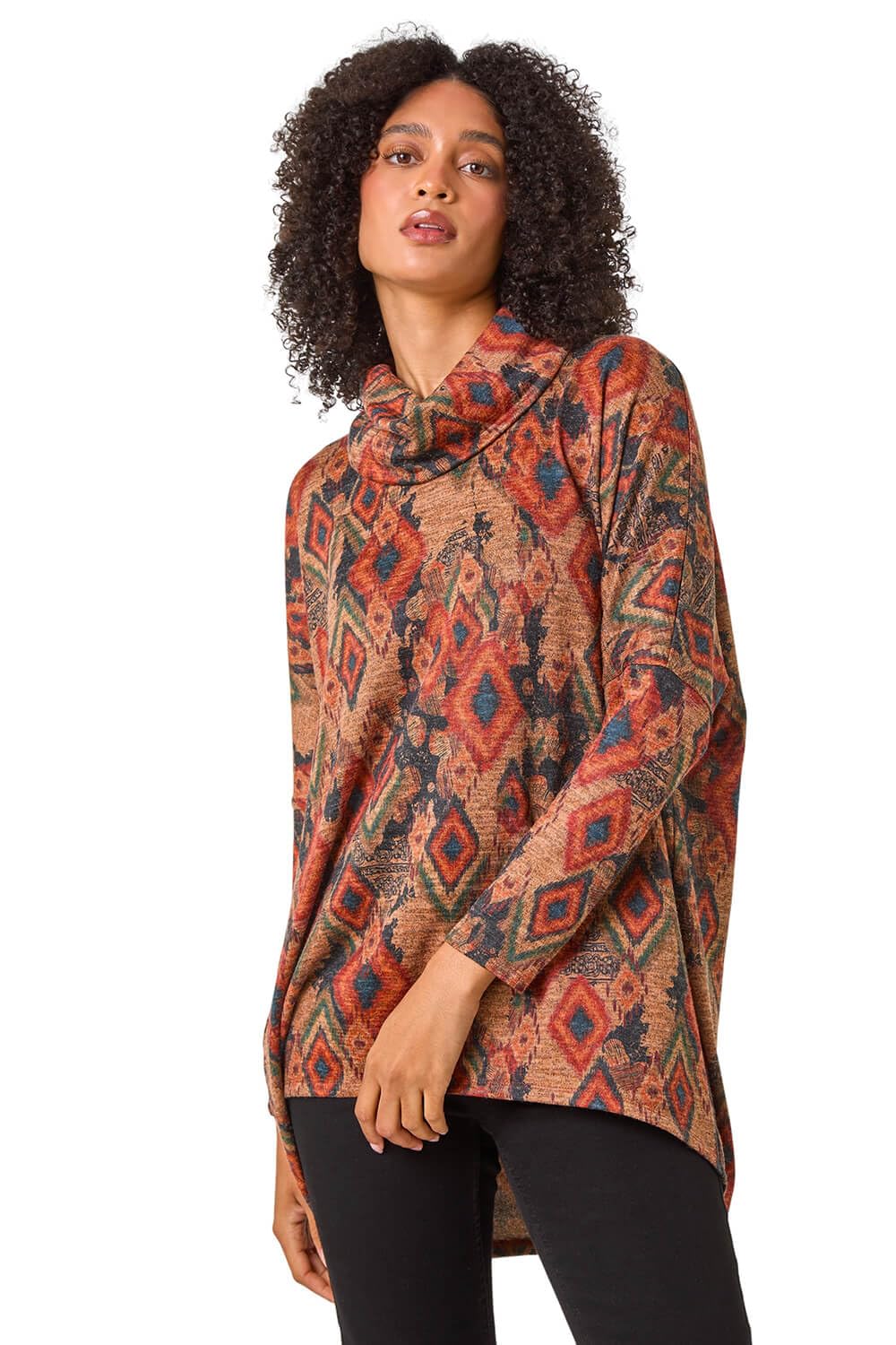 Roman Originals Print Relaxed Cowl Neck Tunic Top for Women UK - Ladies Everyday Autumn Winter Comfy Soft Evening Vacation Work Party Night Out Tan