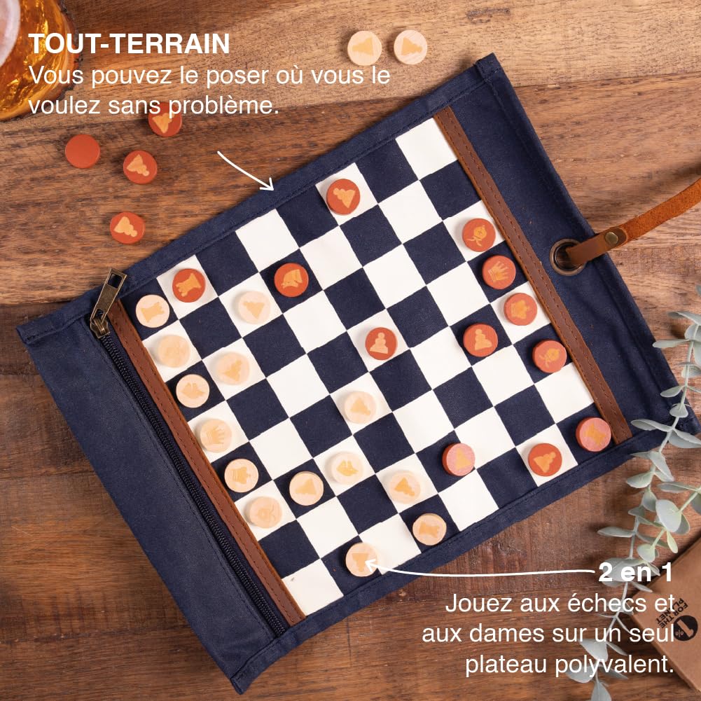 Alaskan MAKER - Juego de ajedrez y mujer 2 en 1 - Alfombra de lona waxee enrollable - Peones de madera - Cordón de cuero de grano completo - Ideal para viajar y jugar en cualquier lugar (azul marino)