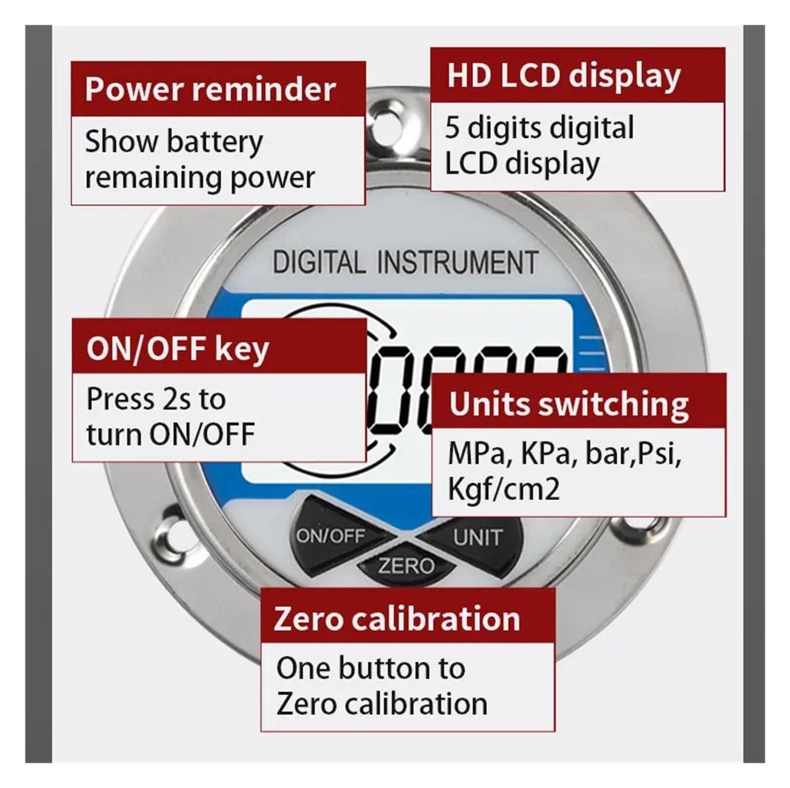 0,2% FS Axial Vakuum Unterdruckmessgerät Wasser Kraftstoff Digital Manometer 0-100Mpa Digital Manometer Piezometer(0-25Mpa,60mm dial Diameter)