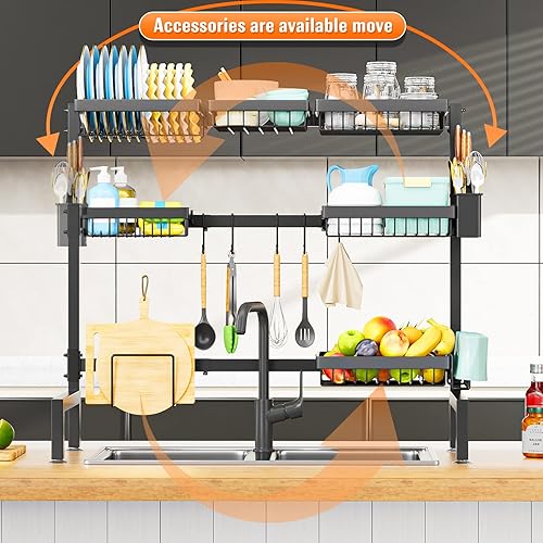 Miniatura 3 de YKLSLH Escurridor de platos extensible para colocar sobre el fregadero (24.8 a 35.4 pulgadas), 3 niveles, 6 cestas, escurridor de platos grande, de