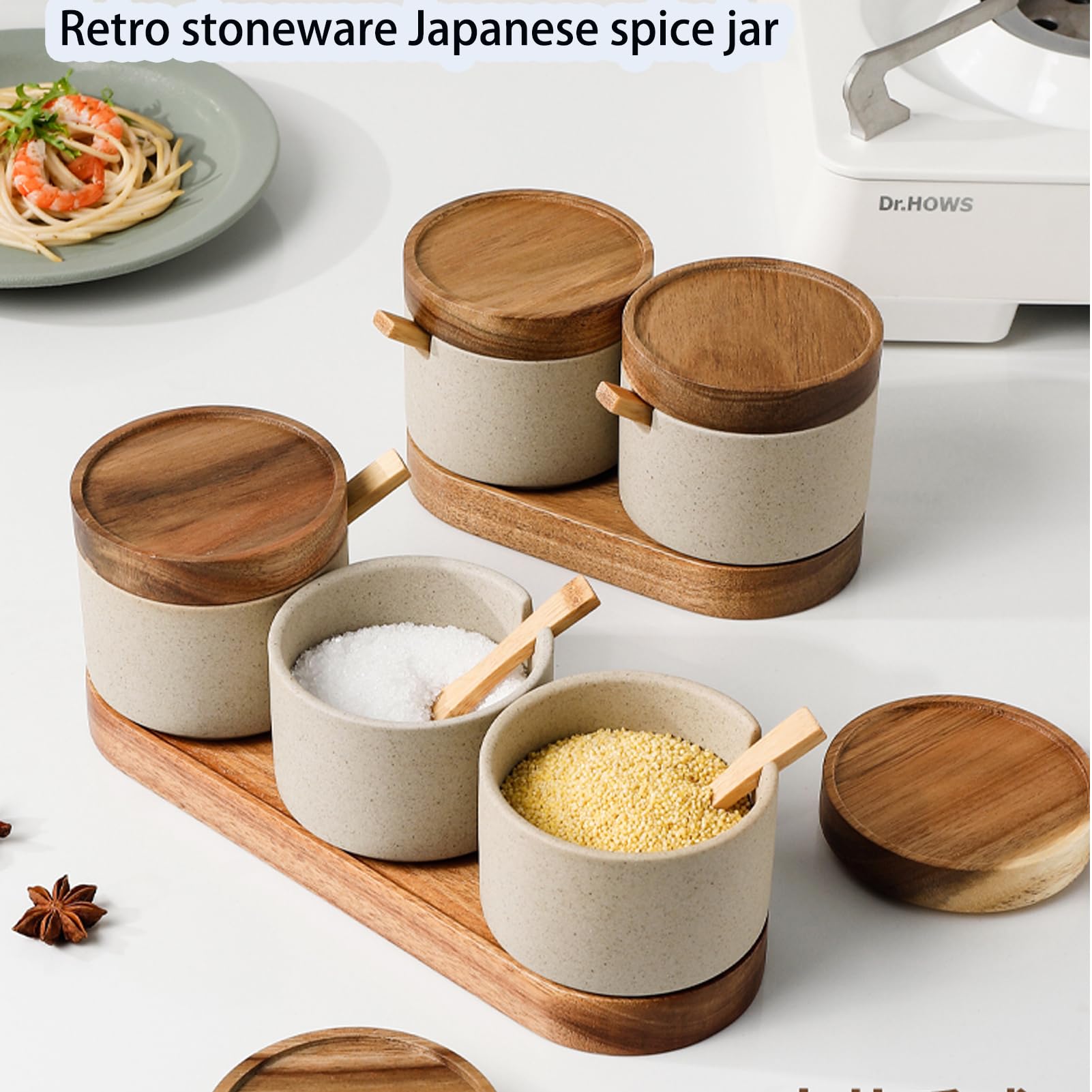Dxcaicc Ensemble De Pots À Épices, Pot D'Organisateur D'Épices en Argile avec Plateau en Bois, Pot À Épices Japonais en Grès Vintage, Stockage D'Assaisonnement De Cuisine,Set of 2