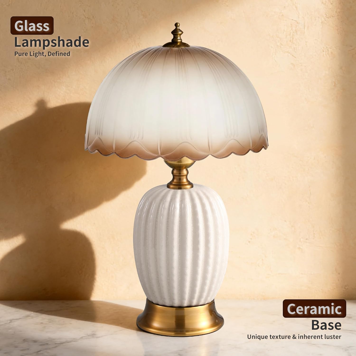 15.7" Vintage Ceramic Small Table Lamp, White Cactus Retro Bedside Lamp with Gradient Glass Shade, 3-Color Dimmable Nightstand Light for Bedroom & Living Room, Home Decor, Bulb Included