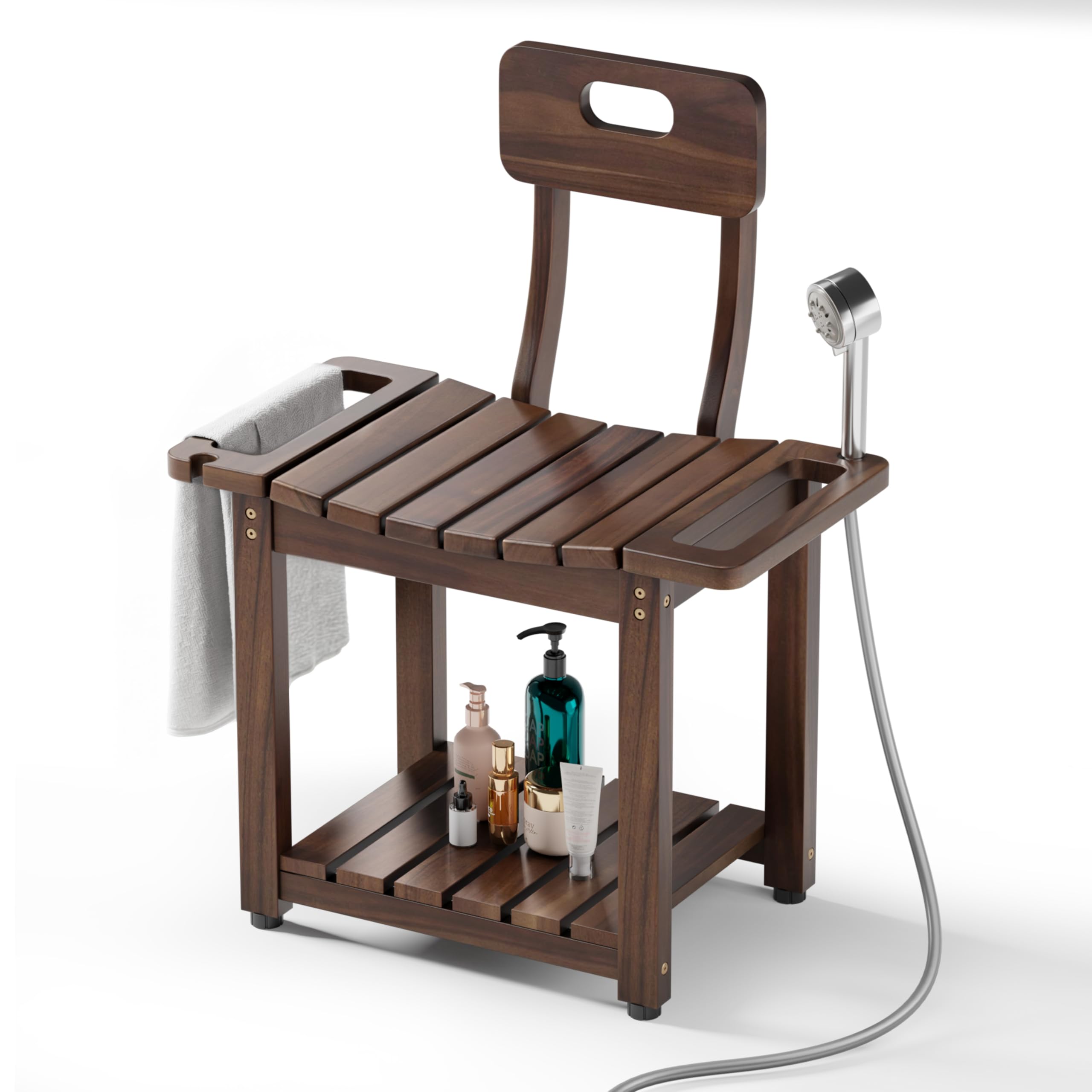 BLUEWEST Duschstuhl mit Rückenlehne, für Innendusche oder Badewanne, strapazierfähig, 204 kg, rutschfeste Füße, Regalaufbewahrung, integrierte Griffe für ältere Menschen oder Erwachsene, Akazie, 60 cm
