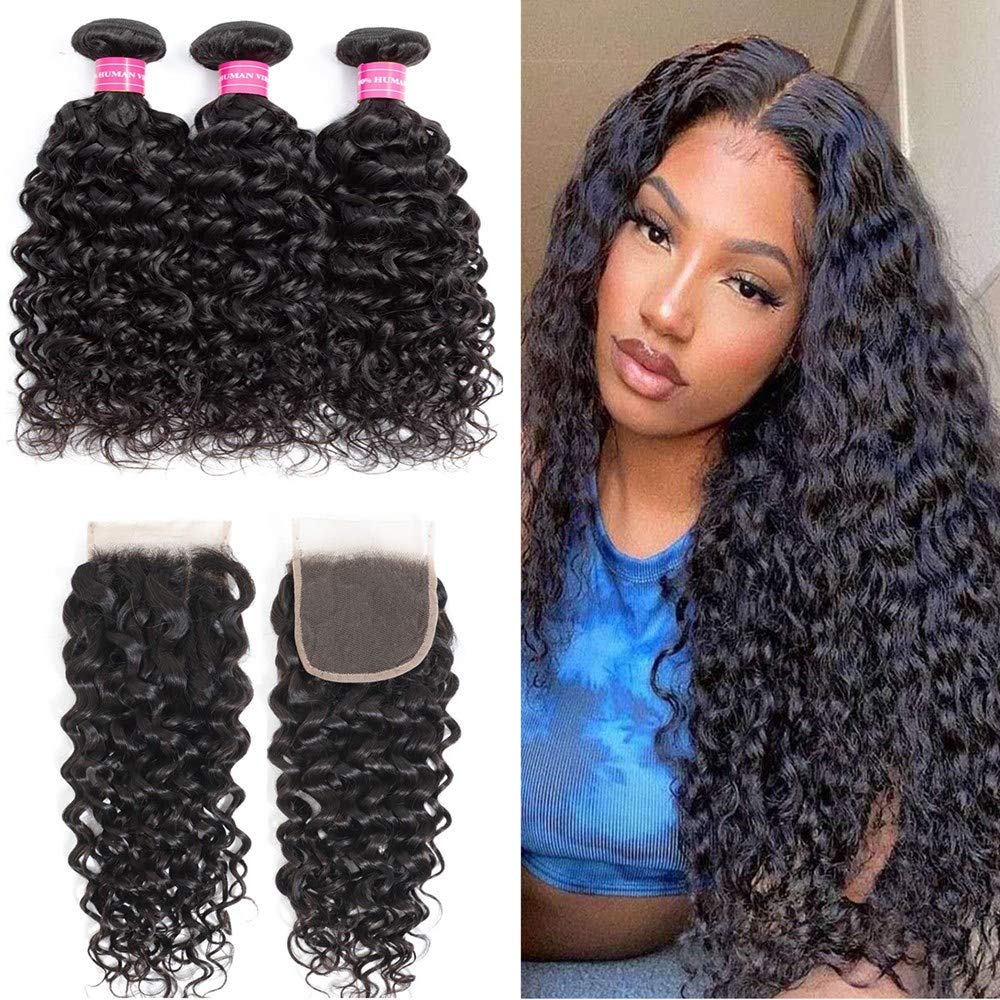 Water Wave Bundles with Closure (24 26 28+20) 10A Brazilian Wave Wet & Wavy Human Hair Bundles with 4x4 Closure 100% Unprocessed Water Wave Human Hair 3 Bundles with Lace closure Hair Extensions