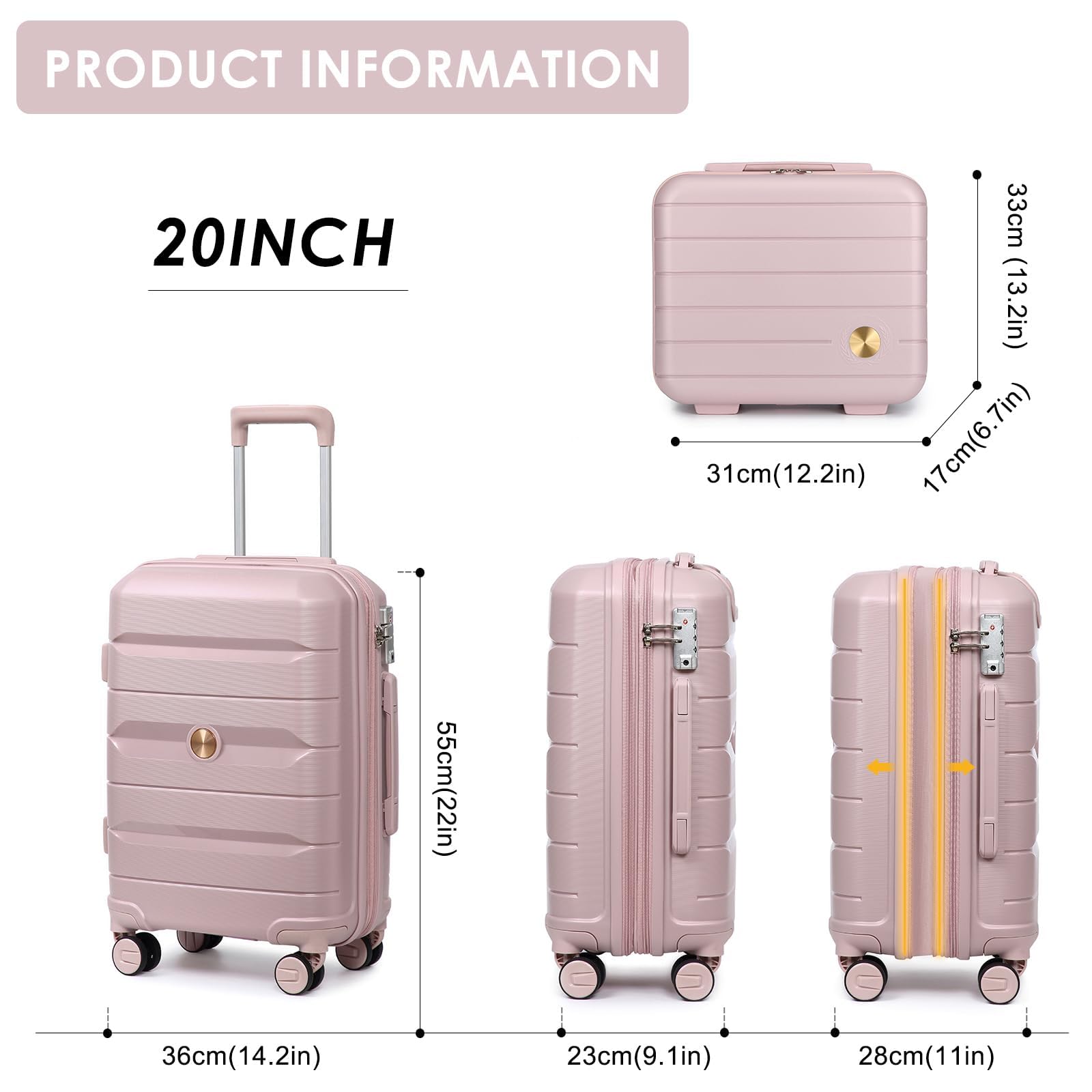 Sea choice Valigia da viaggio Espandibili Bagaglio a mano Cabina Trolley set di valigie trolley con 4 Doppie Ruote a 360° et Chiusura TSA, 55cm