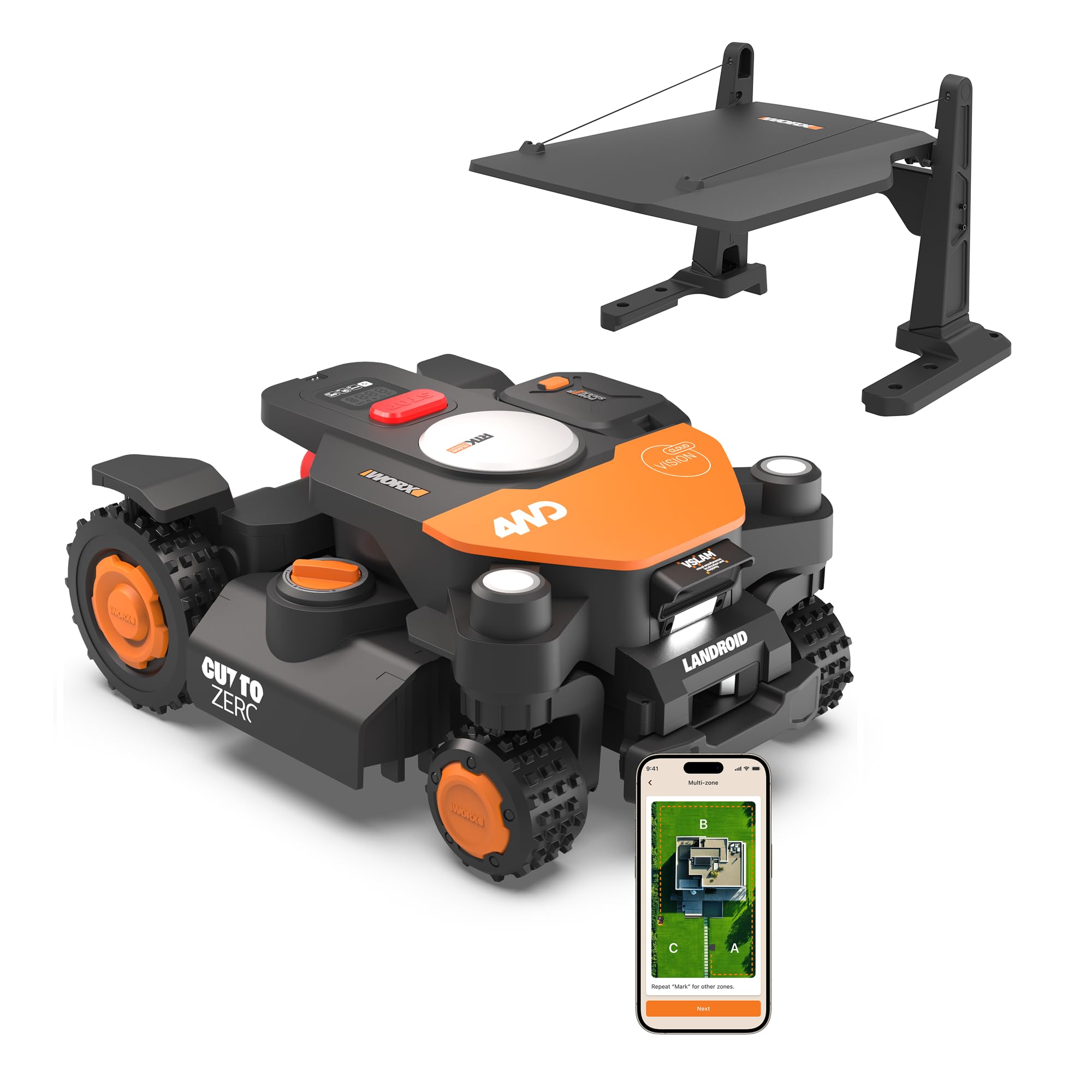 WORX Vision Cloud 4WD WR344E Robot tondeuse 4000 m² sans fil périphérique + Garage (évitement d'obstacles par IA