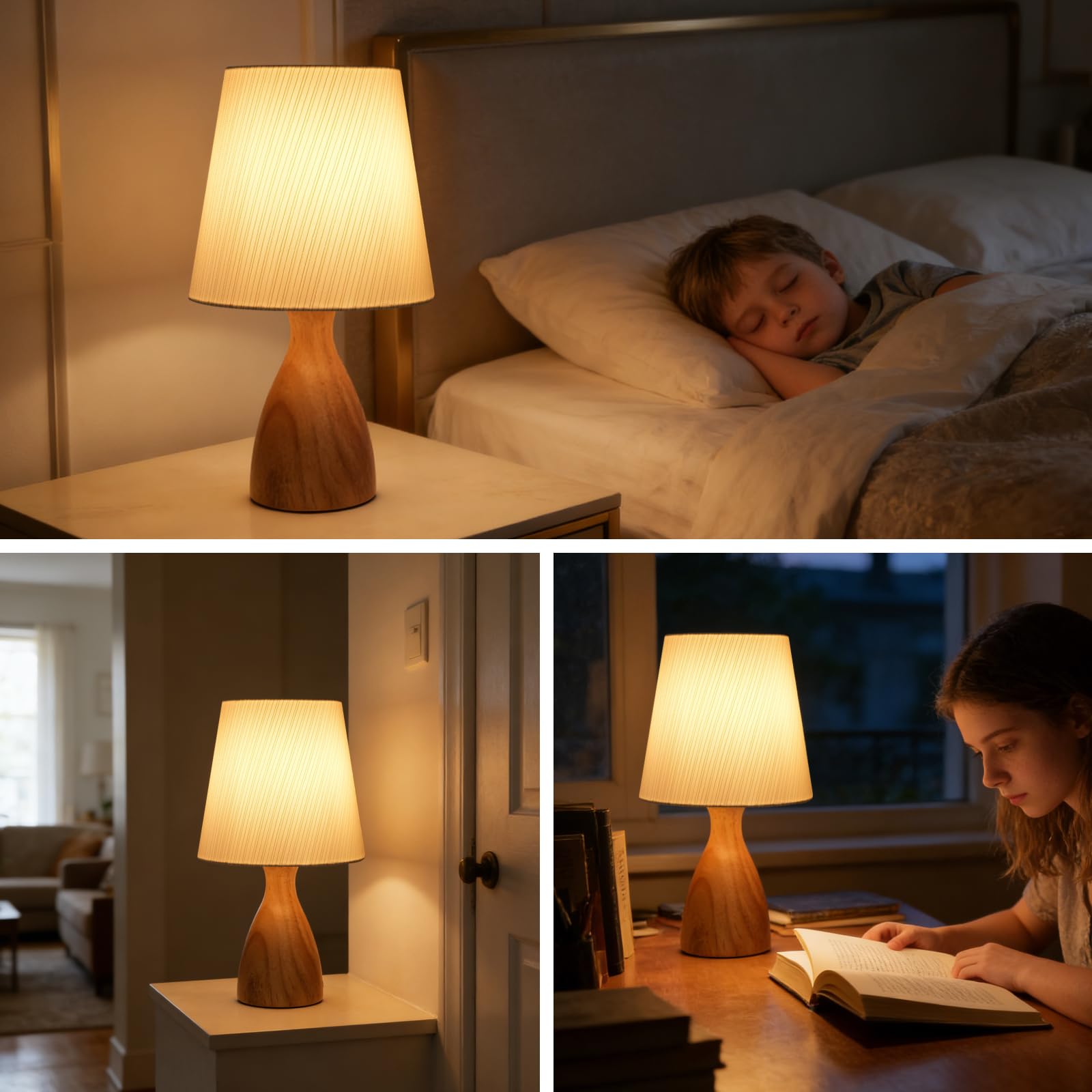 Lámpara de Mesita de Noche, Pantalla de Tela de Lino Beige, 3000K blanco cálido, Bombilla LED E14 incluida, Ideal para Dormitorio, Salón, Oficina, Regalo-1 Pieza