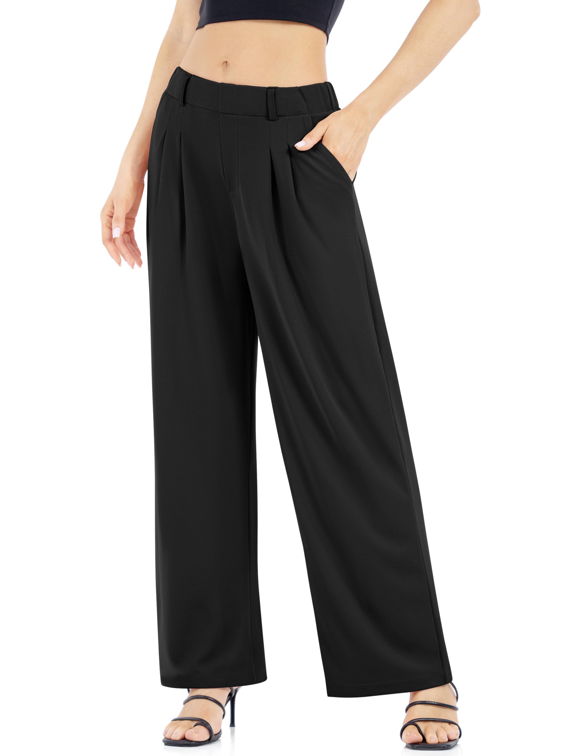 Womens Waffle Wide Leg High Waisted Palazzo Pants Casual Work Beach Lounge Trousers with Pockets