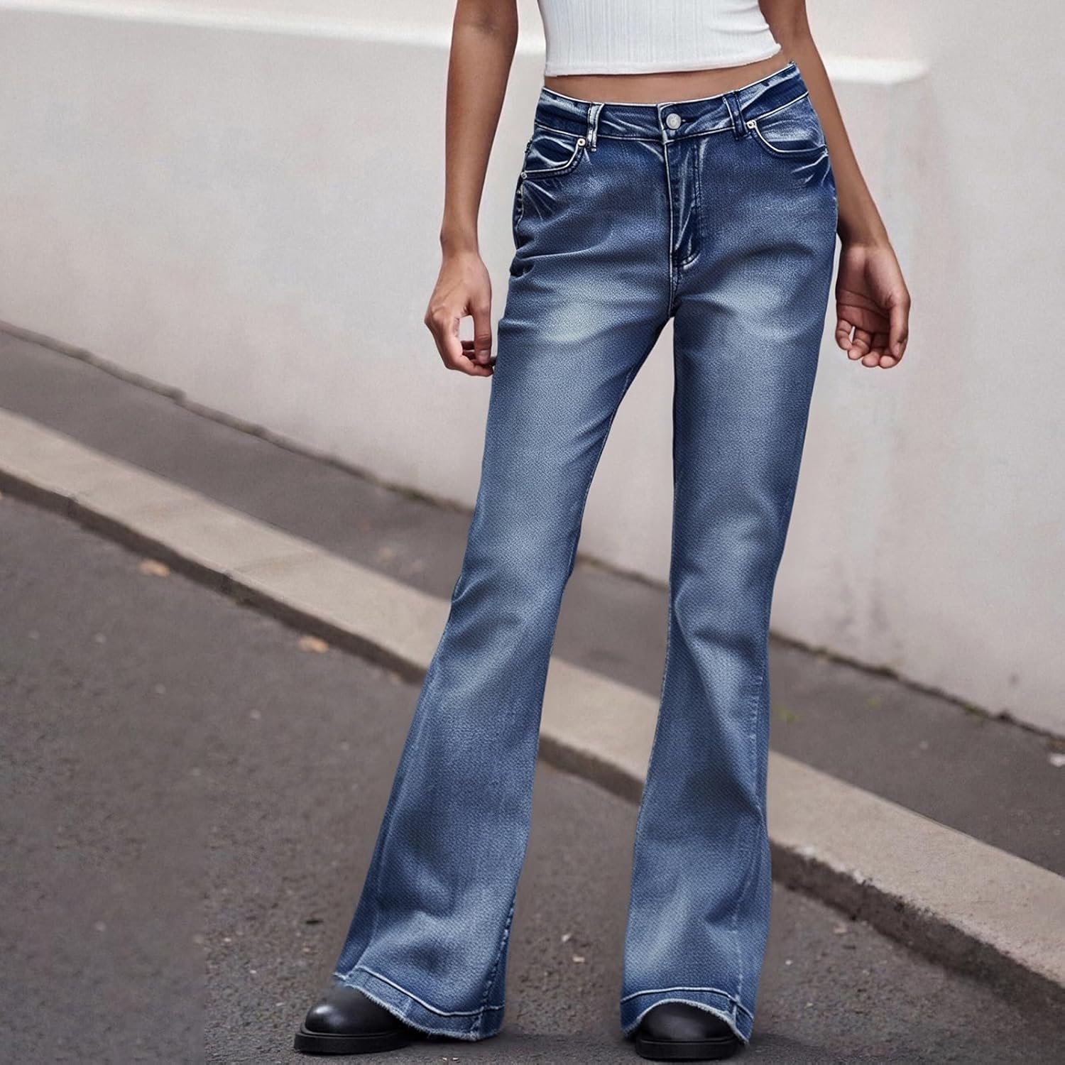 Mxiqqpltky Low Waist Bell Bottom Jeans for Women Y2k Straight Leg Stretch Bootcut Jeans Boyfriend Flare Denim Pants - Image 2