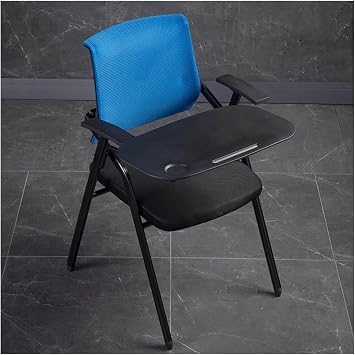 Tablet Arm Chair Folding Chair with Desk Attached,Ergonomic Office Chair with Lumbar Support,Mesh Guest Reception Stack Chairs for Training RoomBlue