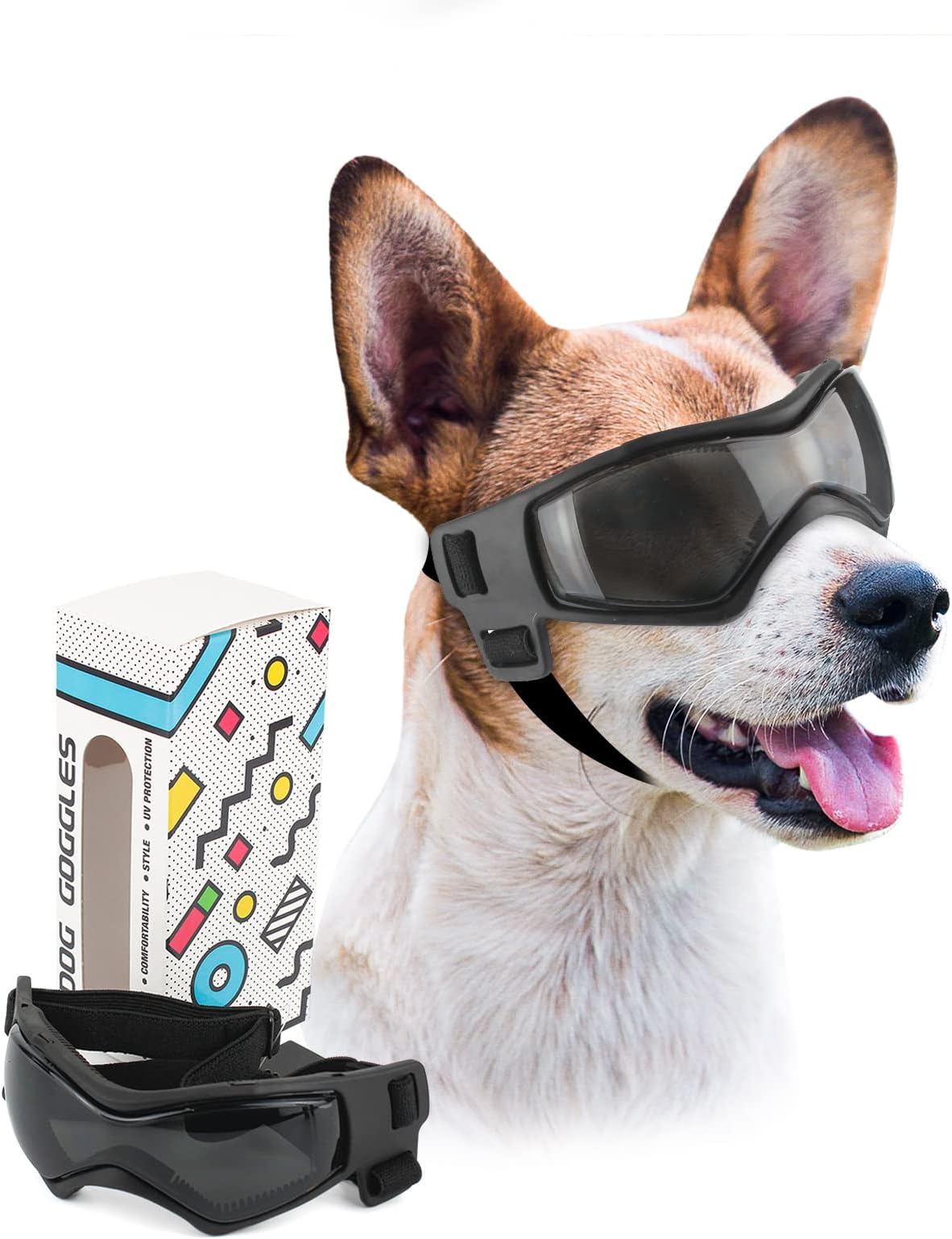 Dog Goggles Small Breed, UV Protection Dog Sunglasses for Medium Dog Outdoor Riding Driving, Medium Black