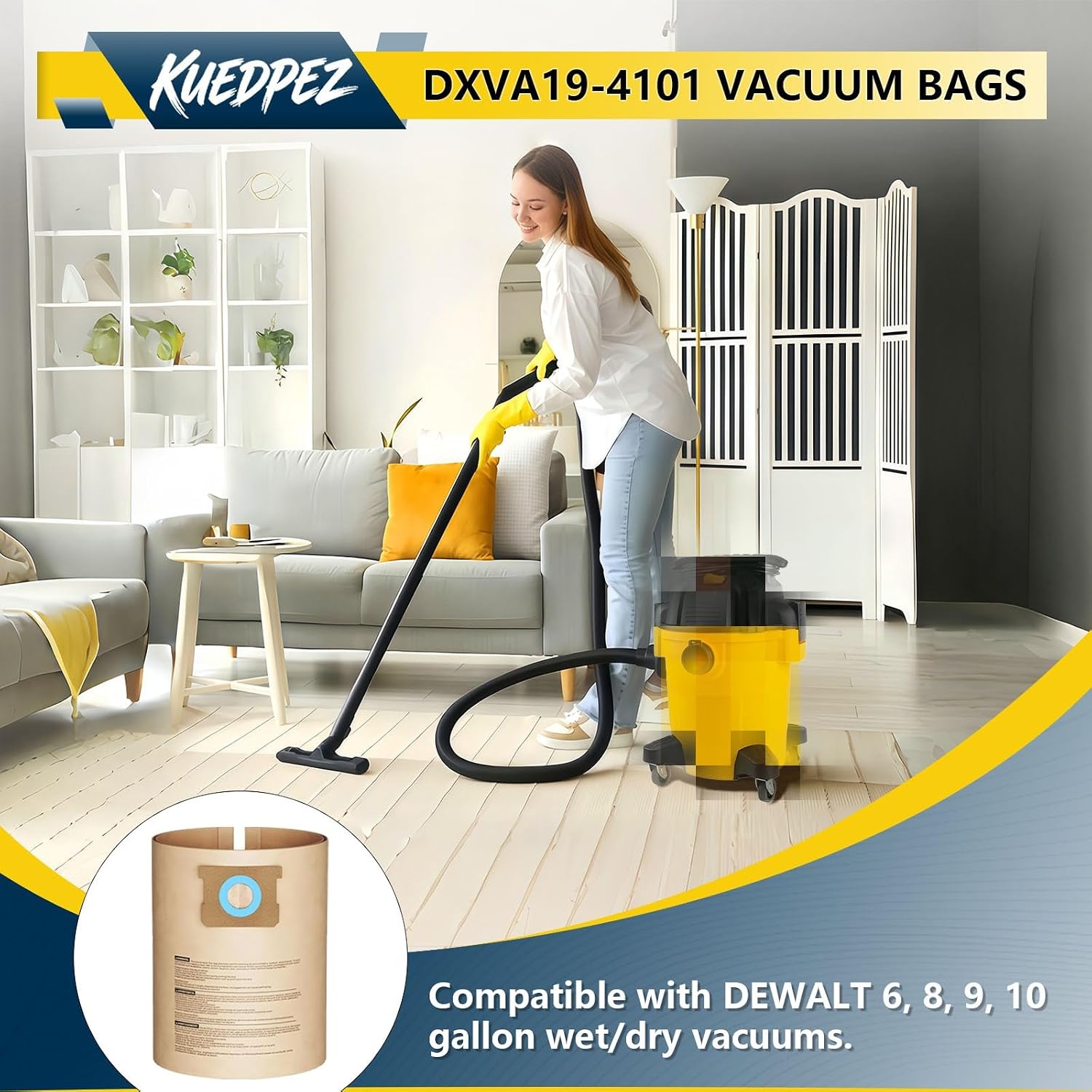 DXVA19-4101 Vacuum Bags For DEWALT 6, 8, 9, 10 Gallon Wet/Dry Shop Vacuums, Replacement Disposable Filter Bags for DeWalt DXV06P, DXV09P, DXV09PA, DXV10P, DXV10PL, DXV10S, DXV10SB, DXV10SA (12 Pack)
