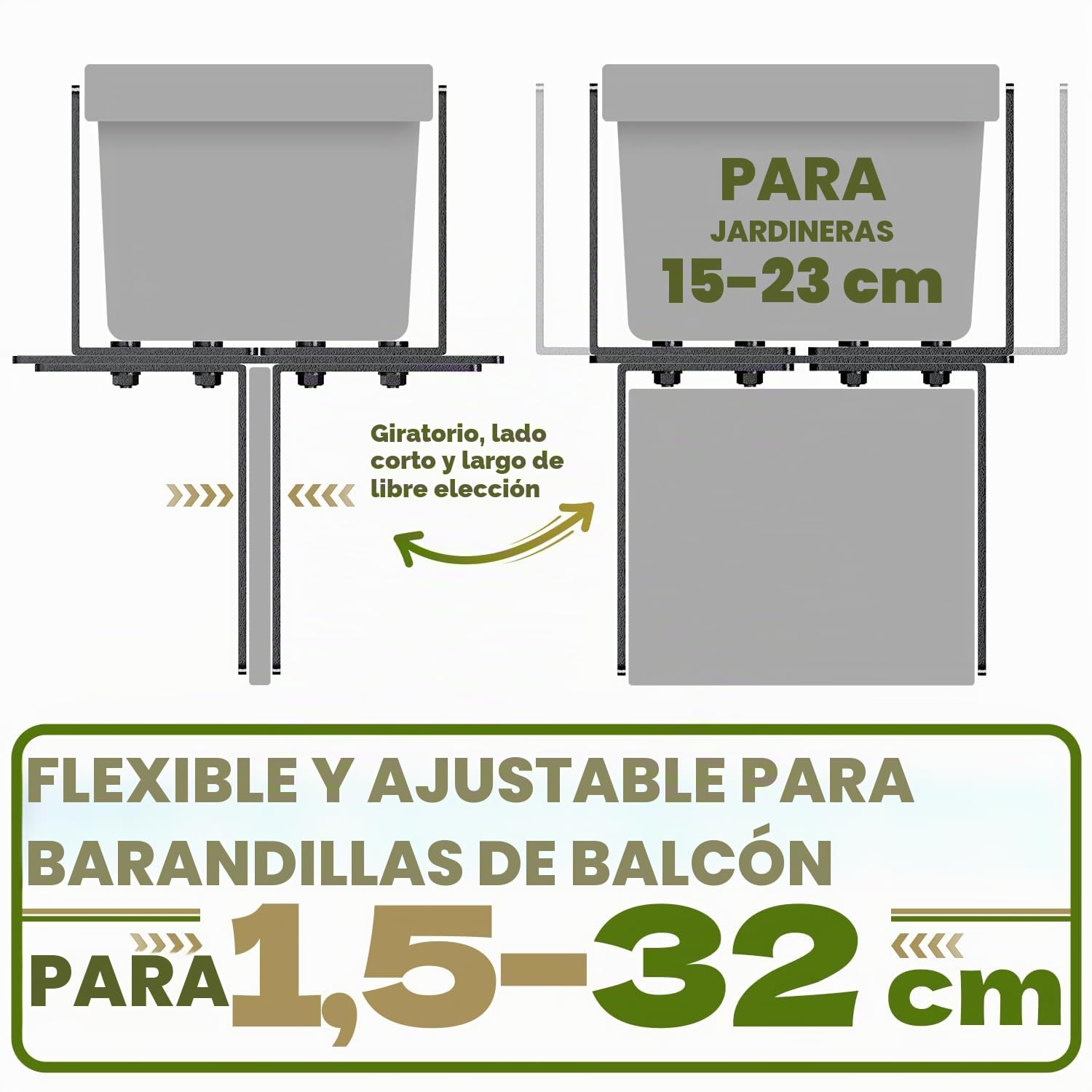6 soportes para jardineras en forma de H, soportes para jardineras de balcón, sin taladrar, apto para barandillas de balcón de 1,5 – 32 cm y jardineras de 15 – 23 cm, soporte para jardineras de