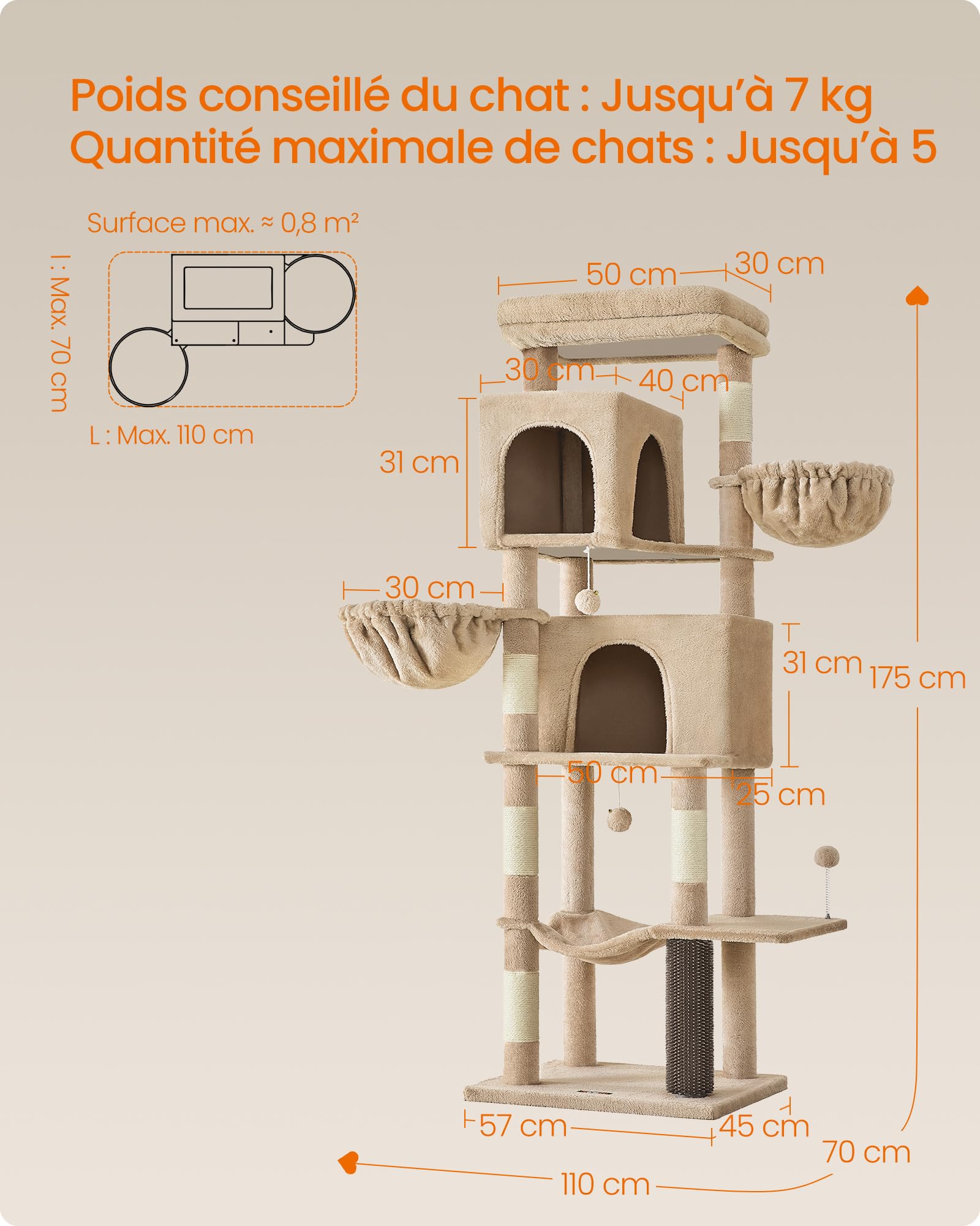 Feandrea Grand Arbre à Chat, Tour à Chat de 175 cm de Haut, Multi-Niveaux, avec 2 Niches, 2 Paniers, 5 Griffoirs, Toilettage Autonome, Perchoir, Hamac, Marron Camel PCT182K01