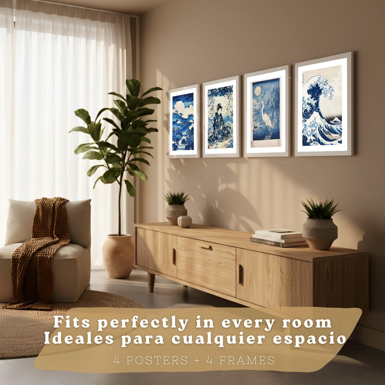 Nacnic Juego De 4 Laminas Decorativas Pared Estilo Japon. Cuadros Salon Modernos - Posters Decorativos Azules Orientales. Arte Japones. Decoración Dormitorios. A4 Marco Blanco