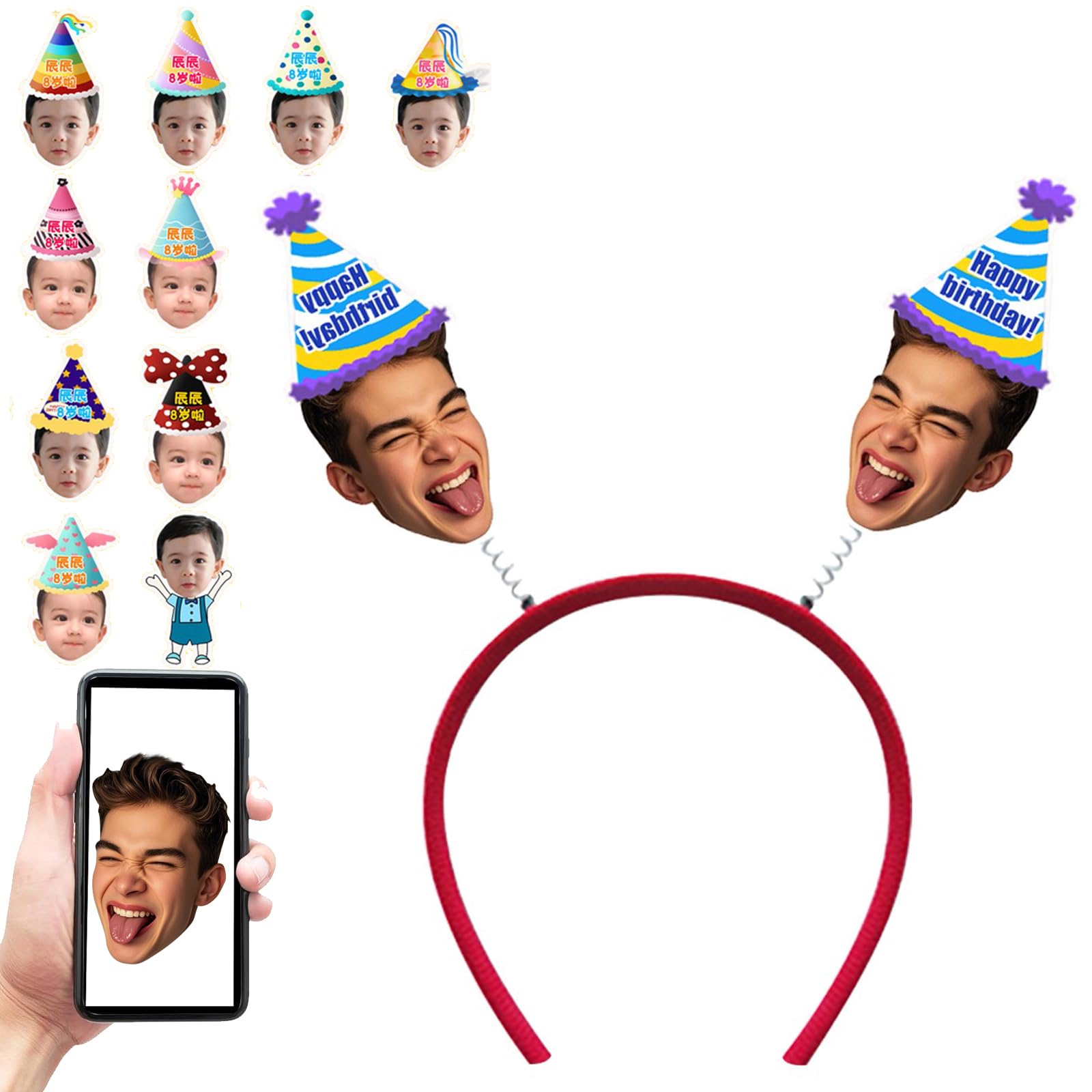 Personalised Photo Bunting, Customized Face and Party Hat, A5 Photo Banner cutout Party Accessory Hen Parties Stag Birthdays，Birthday Decorations (Headband)