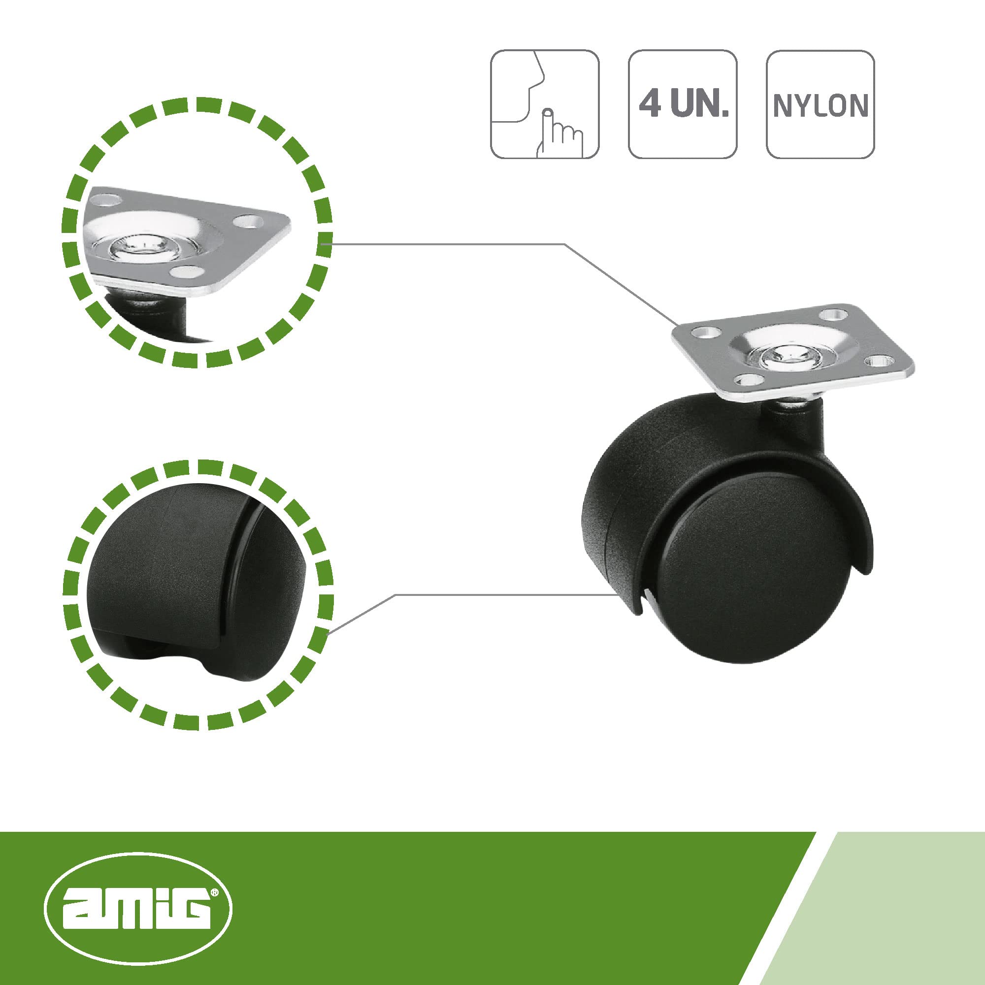 AMIG zwenk en bokwielen set - D80mm - rubber - 210kg - rollager - 4 wielen