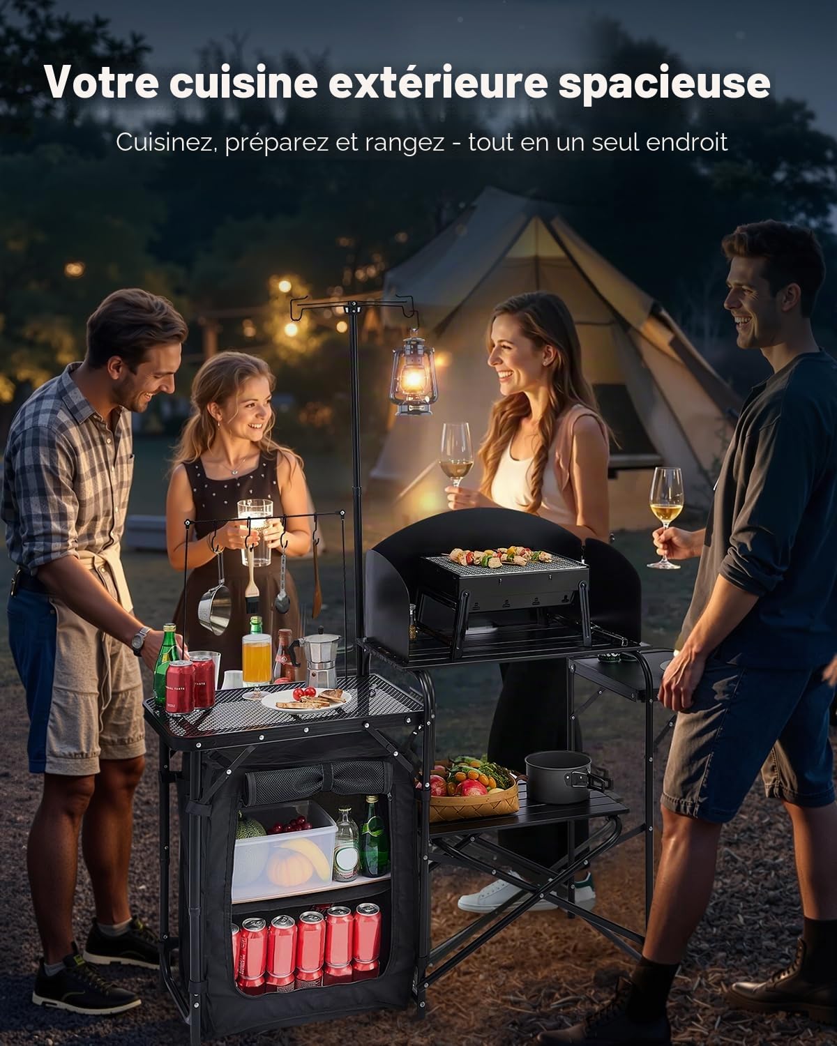 VEVOR Cuisine de Camping Portable en Aluminium, Table de Camping en Plein air, avec Placard de Rangement, Sac de Transport, Pare-Brise Amovible, Installation Rapide pour Barbecue, Pique-Nique, Noir