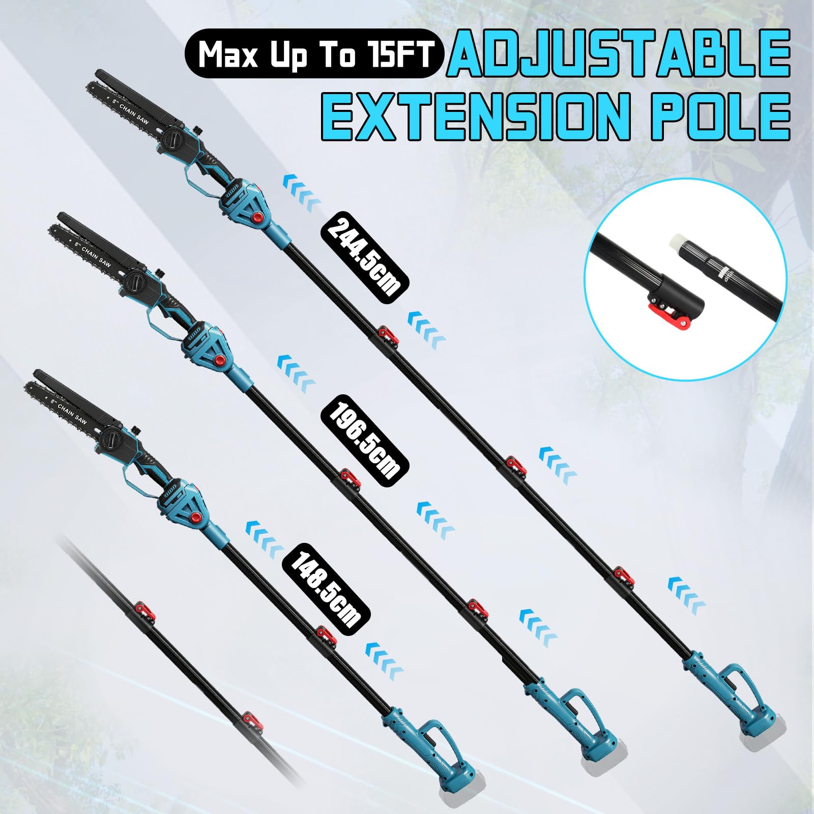 Scie à élaguer professionnelle sans fil chaîne compatible avec Makita 18V, 8 pouces Scie à élaguer sans Balais avec manche télescopique électrique hauteur travail du sécateur (Sans batterie)