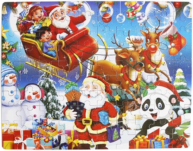 OJIN 100 Pieces Wooden Jigsaw Puzzle Merry Christmas Xmas Santa Claus in a box Early Children Development Puzzle Wooden Cartoon Toys great gift for kids (100 Pieces)