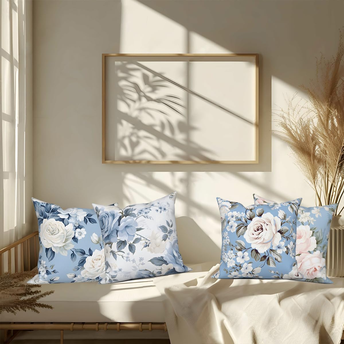 4 Pcs/Set Floral Pillow Covers Spring Blooming Flowers Rustic Bouquet Blue Watercolor Square Romantic Rose Throw Pillow Cases for Sofa Couch Bedroom Home Office Outdoor Decoration 16"x16" - Image 3
