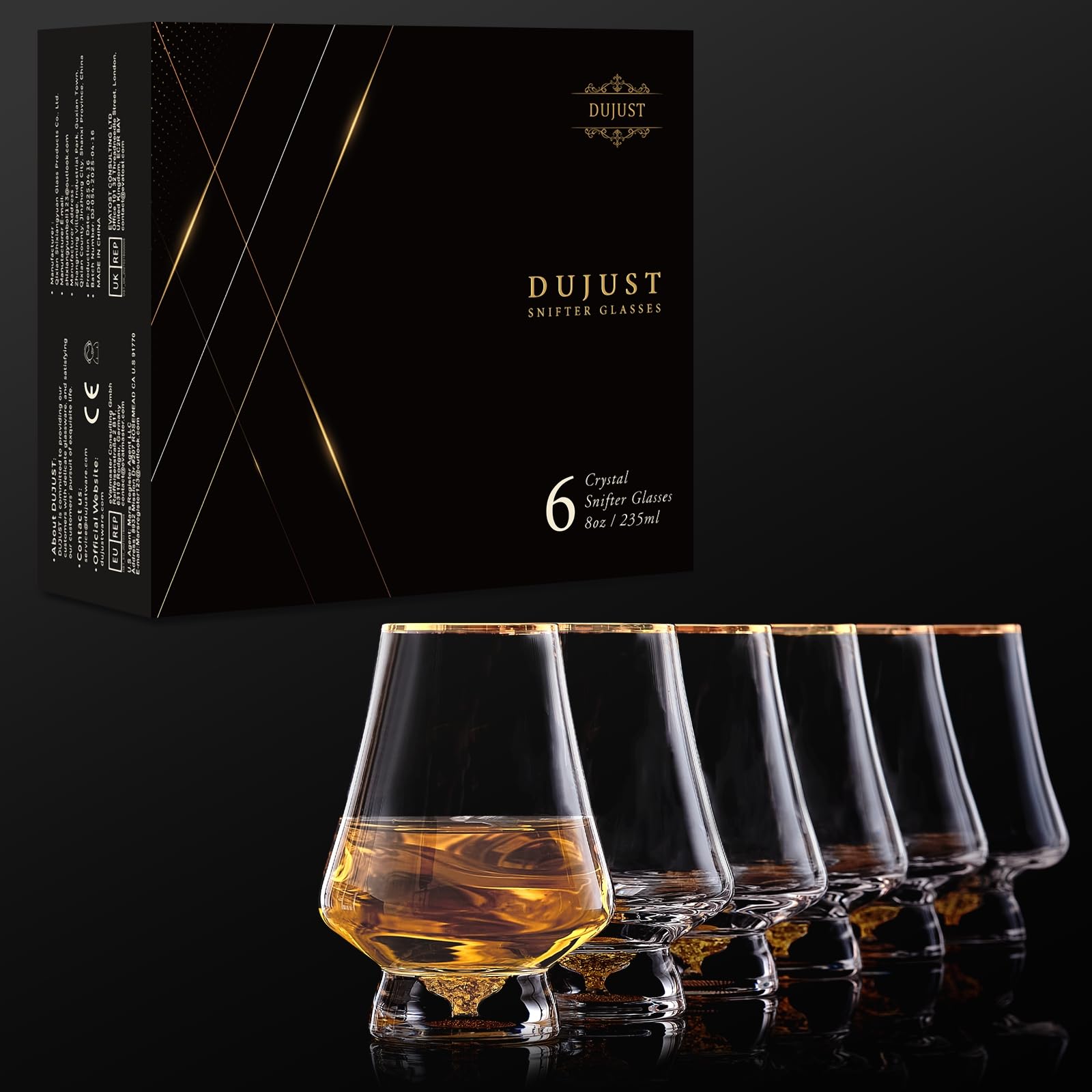 DUJUST Snifter Set de 6 copas (8 oz), vasos whisky cristal cristal con hojas de oro de 24K, aptos para whisky/brandy/cognac/bourbon/tequila/scotch. Sin BPA ni plomo