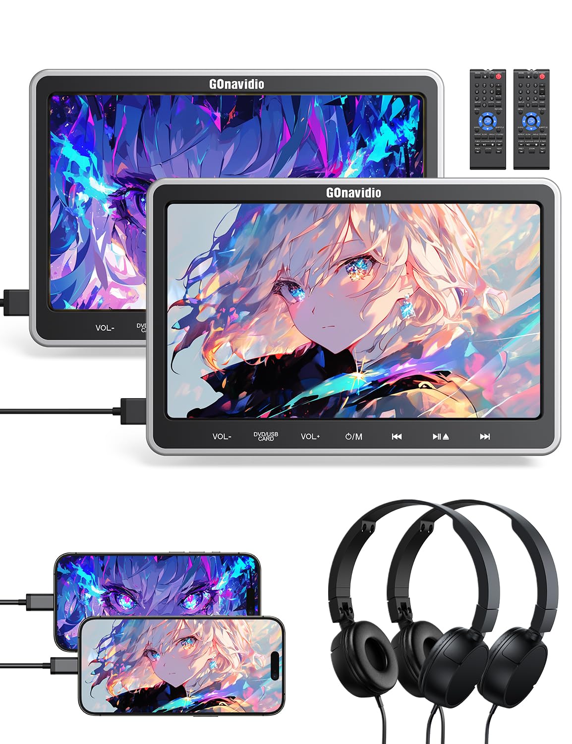 GOnavidio Lettori DVD per Poggiatesta 10,1" con Ingresso HDMI, 2 Staffe di Montaggio e 2 Cuffie, Supporto per Schermo di Sincronizzazione, Ultima Memoria, Regione Libera, Scheda USB/SD (2 Lettori DVD)