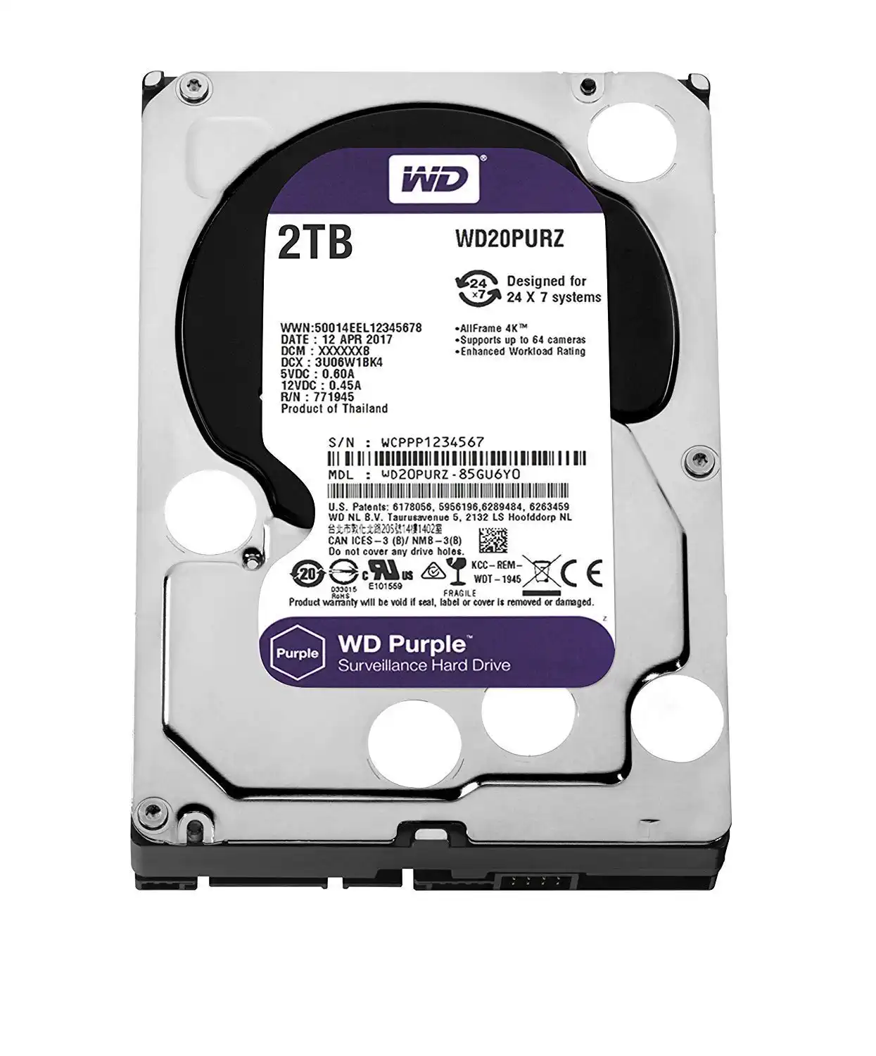 WD Purple 2 TB Festplatte für Videoüberwachung - Intellipower SATA 6 Gb/s 64MB Cache 3.5 Inch - WD20PURX