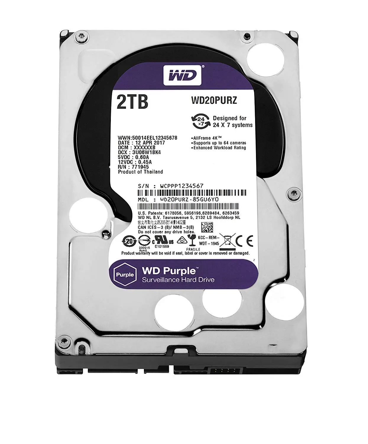 WD Purple 2 TB Festplatte für Videoüberwachung - Intellipower SATA 6 Gb/s 64MB Cache 3.5 Inch - WD20PURX
