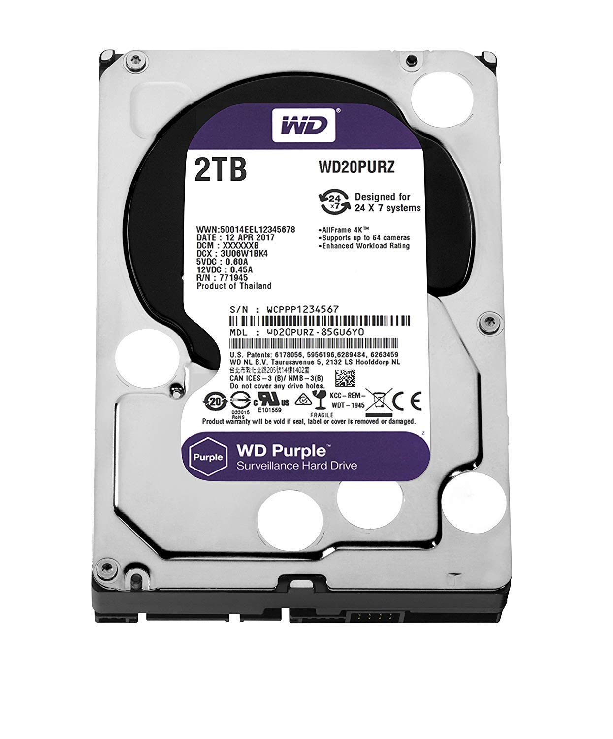 WD Purple 2 TB Festplatte für Videoüberwachung - Intellipower SATA 6 Gb/s 64MB Cache 3.5 Inch - WD20PURX