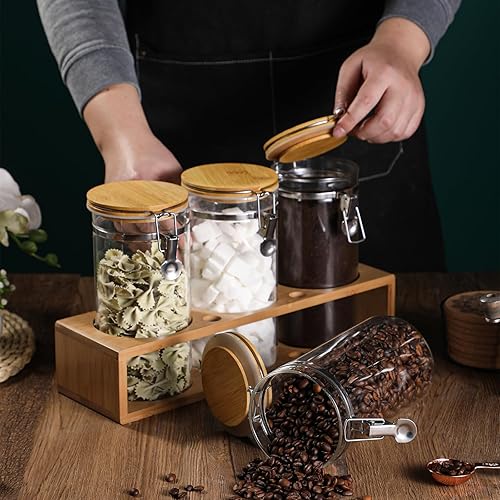 Miniatura 3 de GURUDAR Tarros de vidrio herméticos con tapas de abrazadera de bambú recipientes de vidrio sellados con estante de exhibición y cucharas recipiente