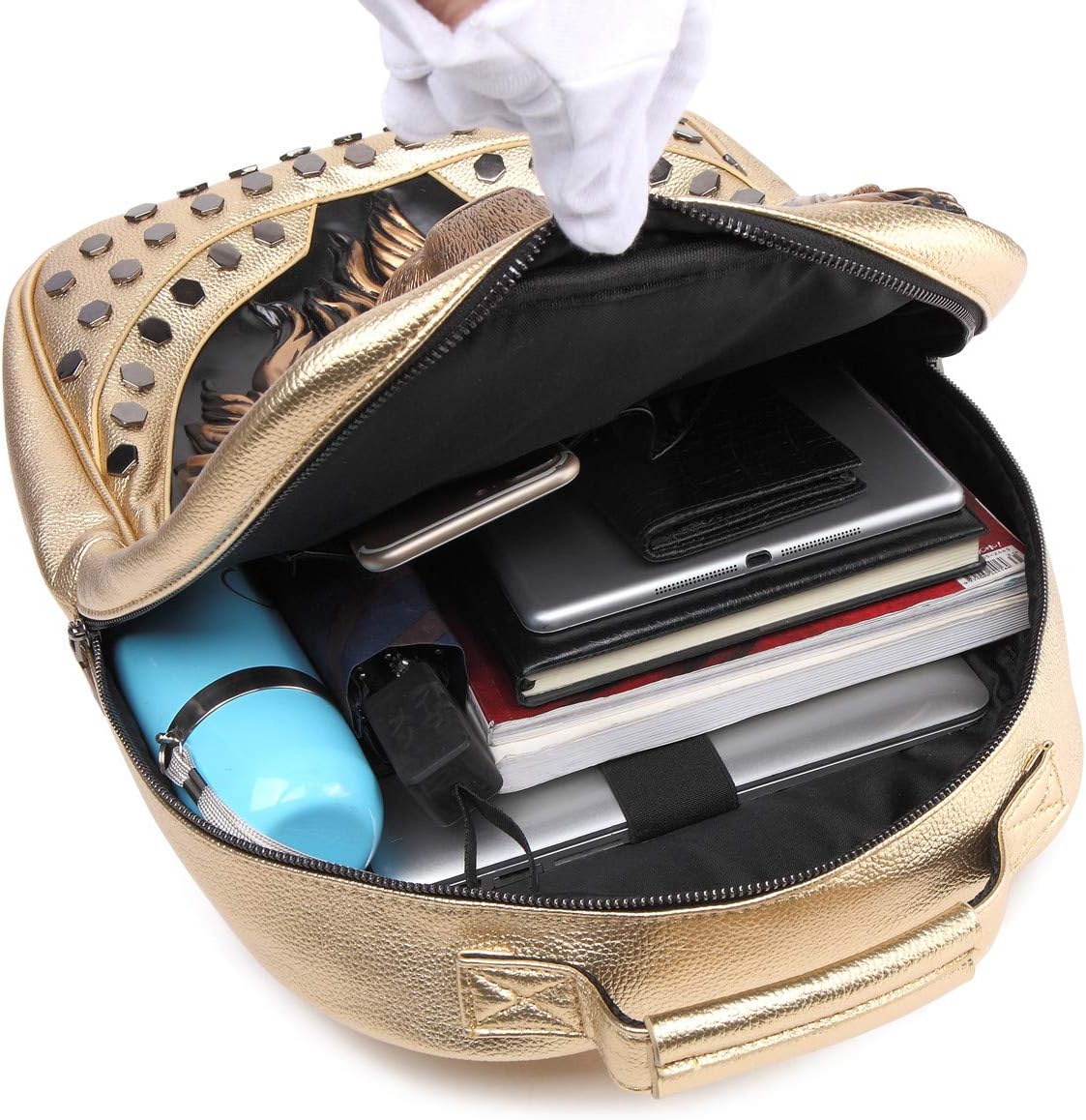 3D Lion Laptop Backpack Unique Designer PU Leather Fashion Travel Rivet Punk Backpack (Silver) - Image 4