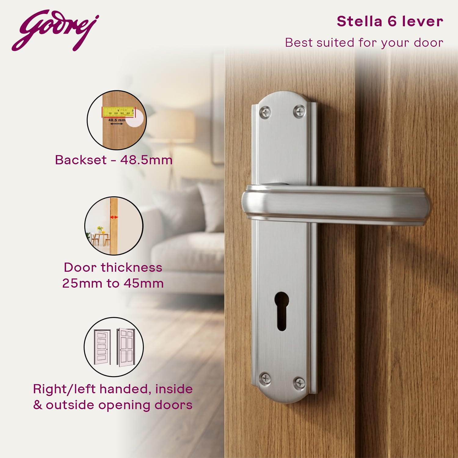 Godrej Mortise Door Lock Handle Set | 180mm Stella | 6-Lever Locking Mechanism | Reversible Latchbolt | Suitable for Left & Right Handed Doors (Satin Steel Finish) | 1 Year Warranty — Amazon image 6