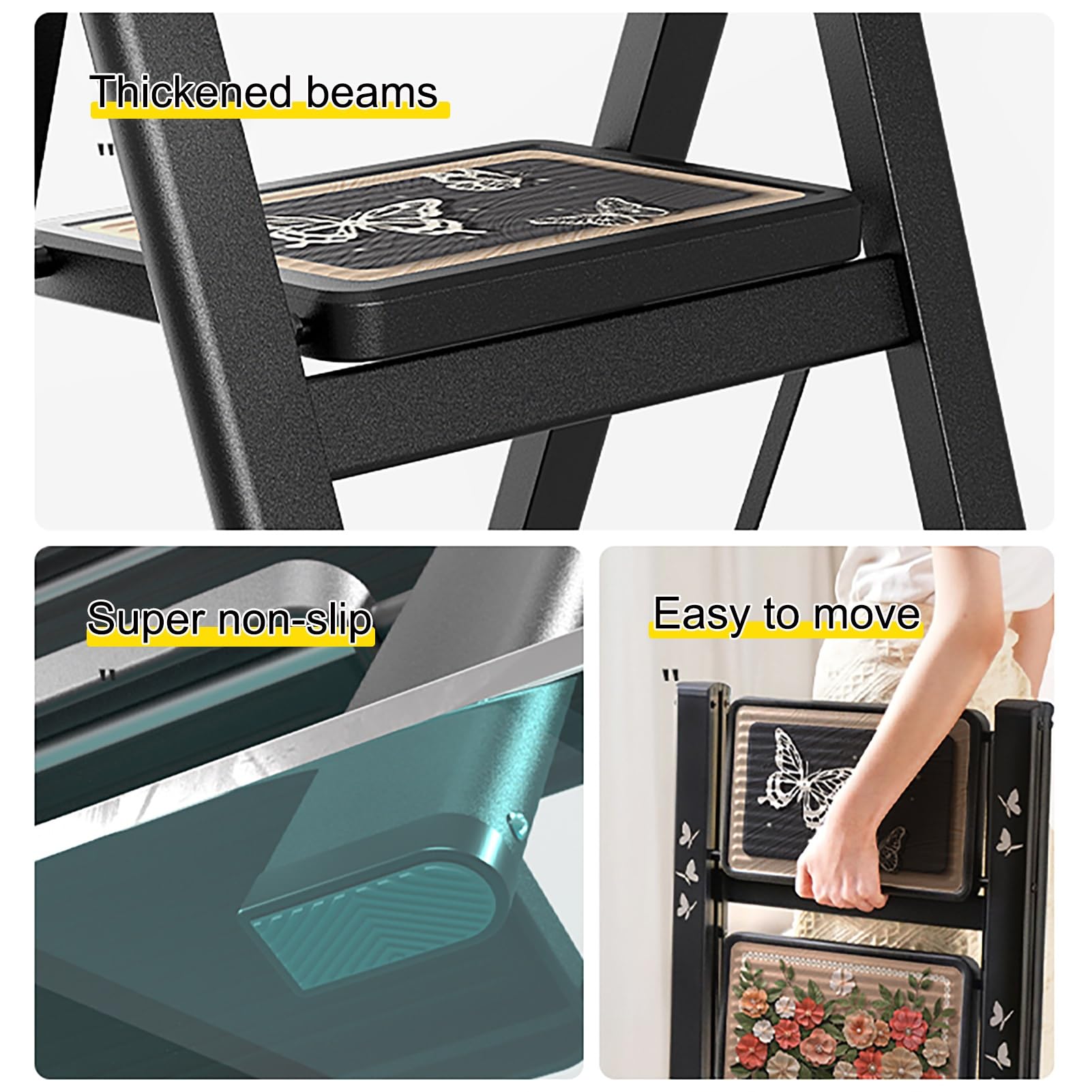 Folding Library Ladder Chair, Non-Slip Pedal, 3/4 Tier Portable Step Stool Chair, Metal Frame, Display Stand Flower Stand for Library, Kitchen, Office(43 * 83 * 92cm/17 * 33 * 36.5in)