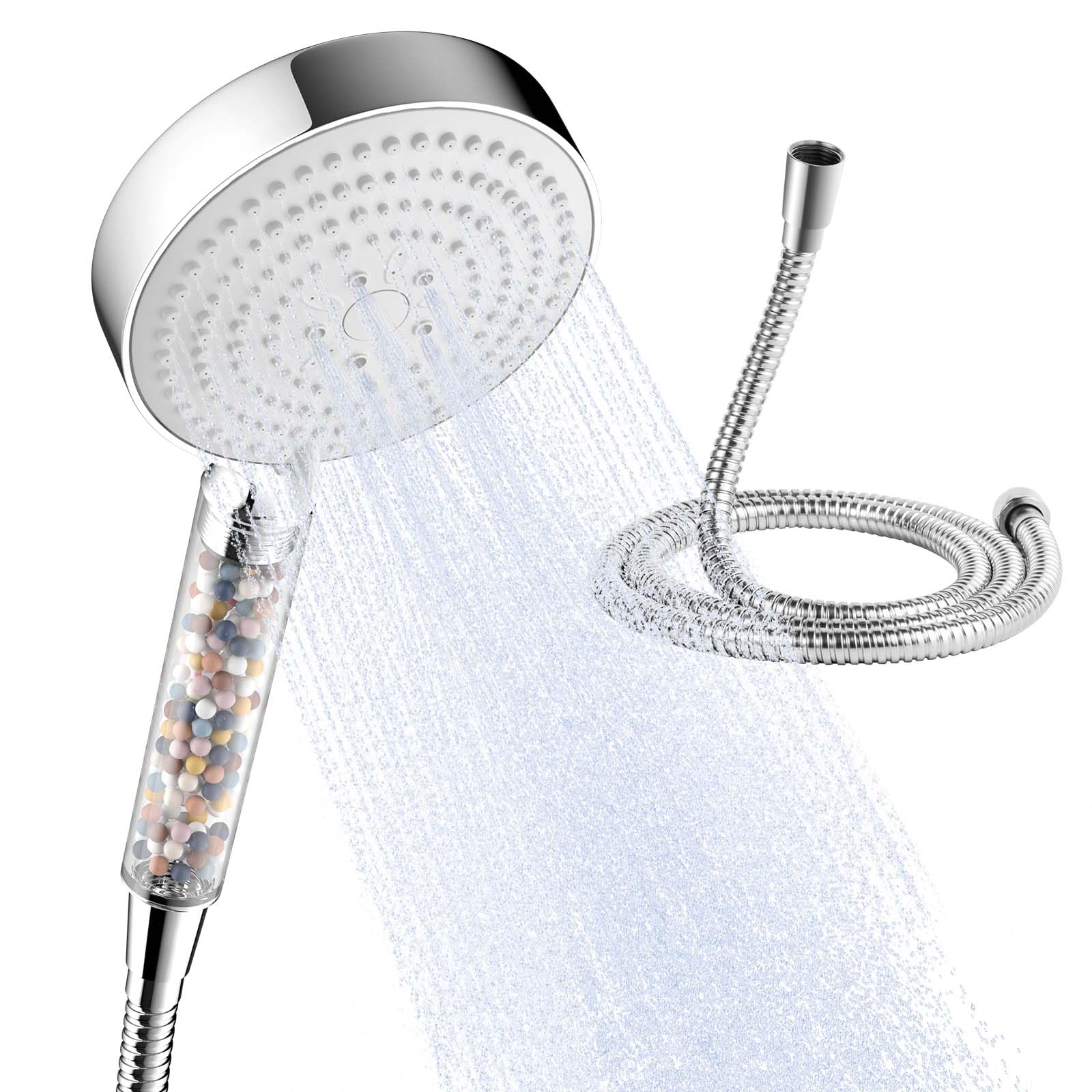 OFFO Shower Head and Hose 1.6m, 6 Modes High Pressure Filtered Shower Head with 20 Stage Filter, Handheld Showerhead for Low Pressure Remove Chlorine, White with Clear Handle