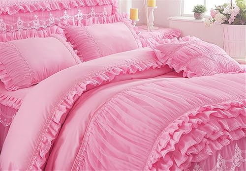 Miniatura 3 de Lotus Karen Juego de funda de edredón de princesa rosa, tamaño individual, con volantes y encaje para niñas, juego de cama romántico de estilo