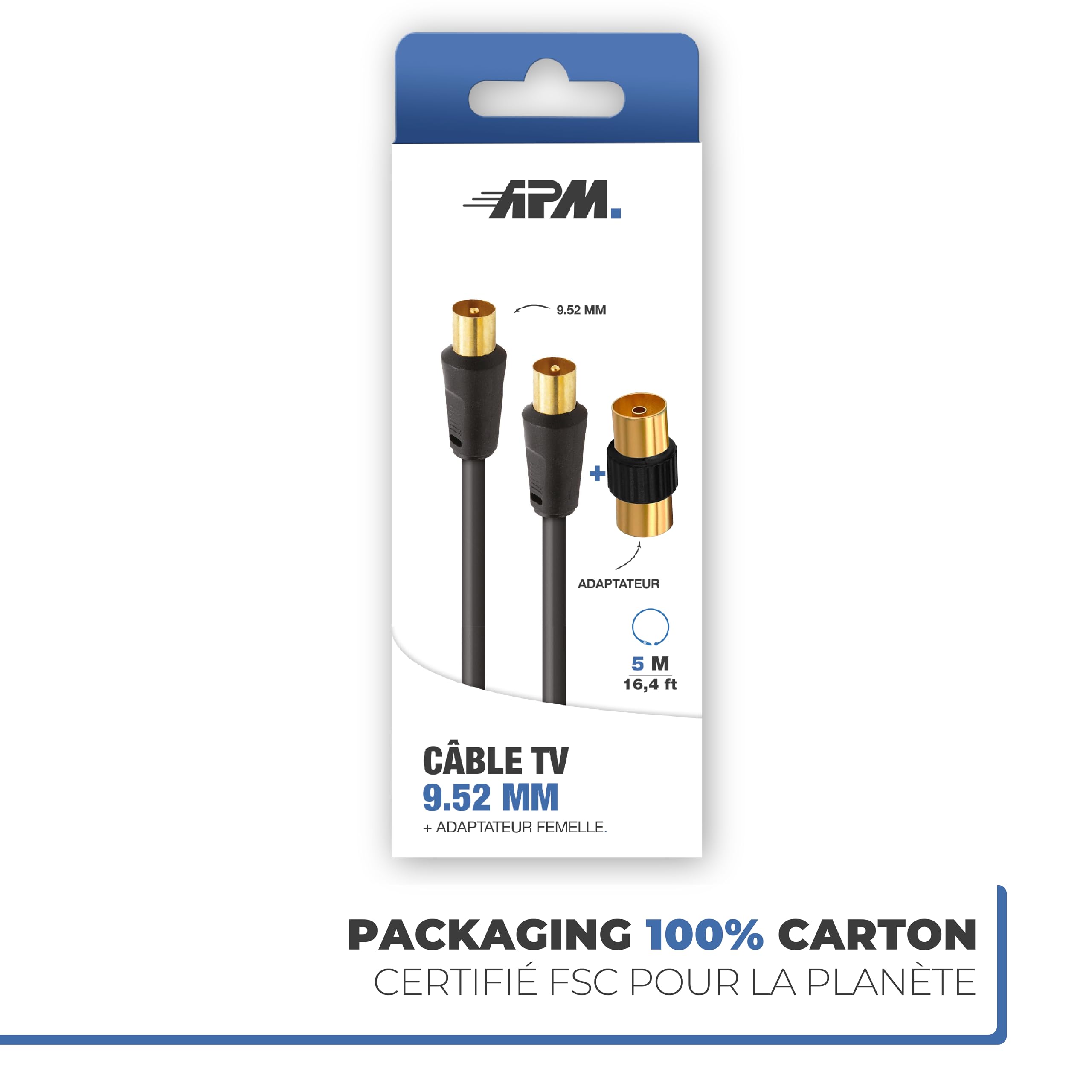 APM Câble TV Antenne 9.52mm, 5 Mètres, Connecteurs Gold Mâle/Mâle, Cordon Coaxial Noir avec Adaptateur Femelle/Femelle Inclus, Compatible TV Décodeur TNT Fiche Murale 9.52mm, 408026, 5m