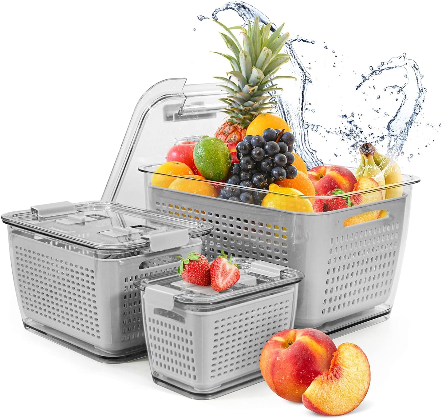 Spesh Food Storage Containers Set Fridge Organiser Storage Containers Set of 3 (0.5 L + 1.7 L + 4.5 L) Plastic Fridge Organiser Set with Lid and Strainer (Grey, Set of 3)