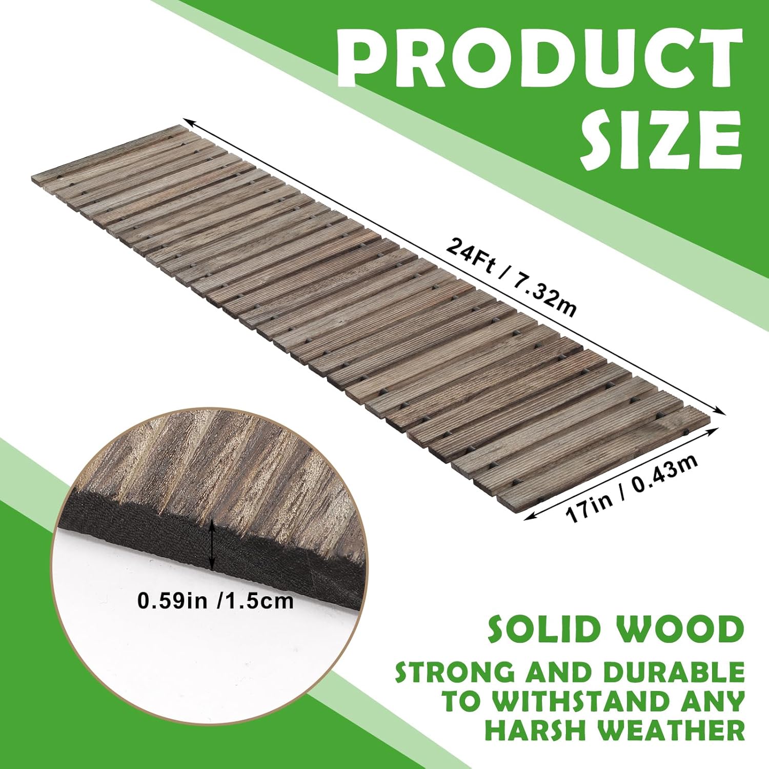 Landical 24ft Wooden Garden Pathway with Non Slip Surface Roll Out Boardwalk Walkways Road Floor Pathway Rustic Path Decorative Patio Pavers for Outdoor Garden Beach Wedding Party (Gray)